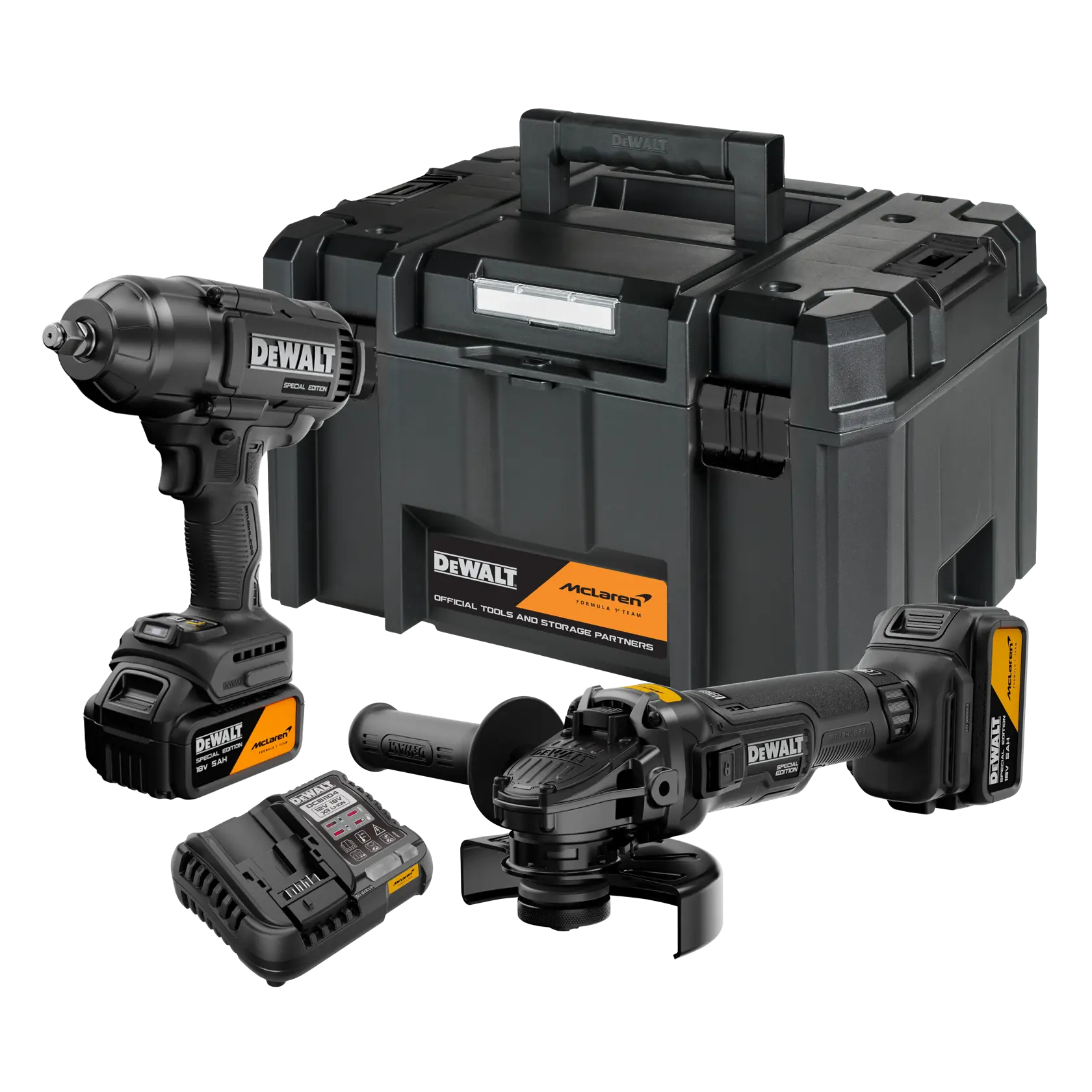 DEWALT Werkzeugset: Schlagschrauber, Schleifer, Ladegerät und schwarze Transportbox mit McLaren Branding.