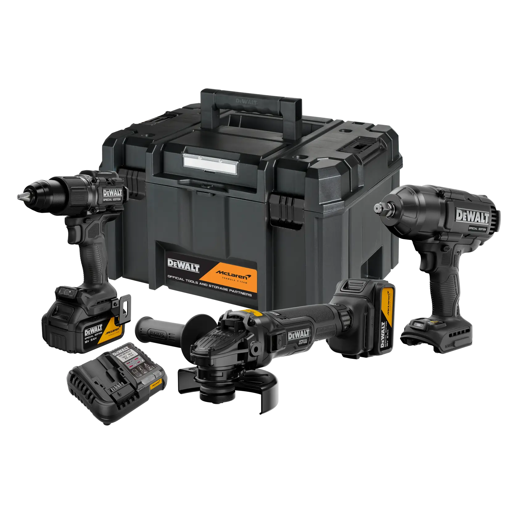 Set DEWALT con caja, taladro, amoladora, cargador. DCK3222MP2T-QW, DCK3222MP2T. Categoría fotografía.