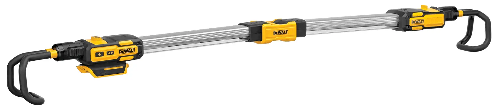 Lampe de travail DEWALT DCL045 à bras extensibles, corps jaune et noir, trépied réglable en aluminium.