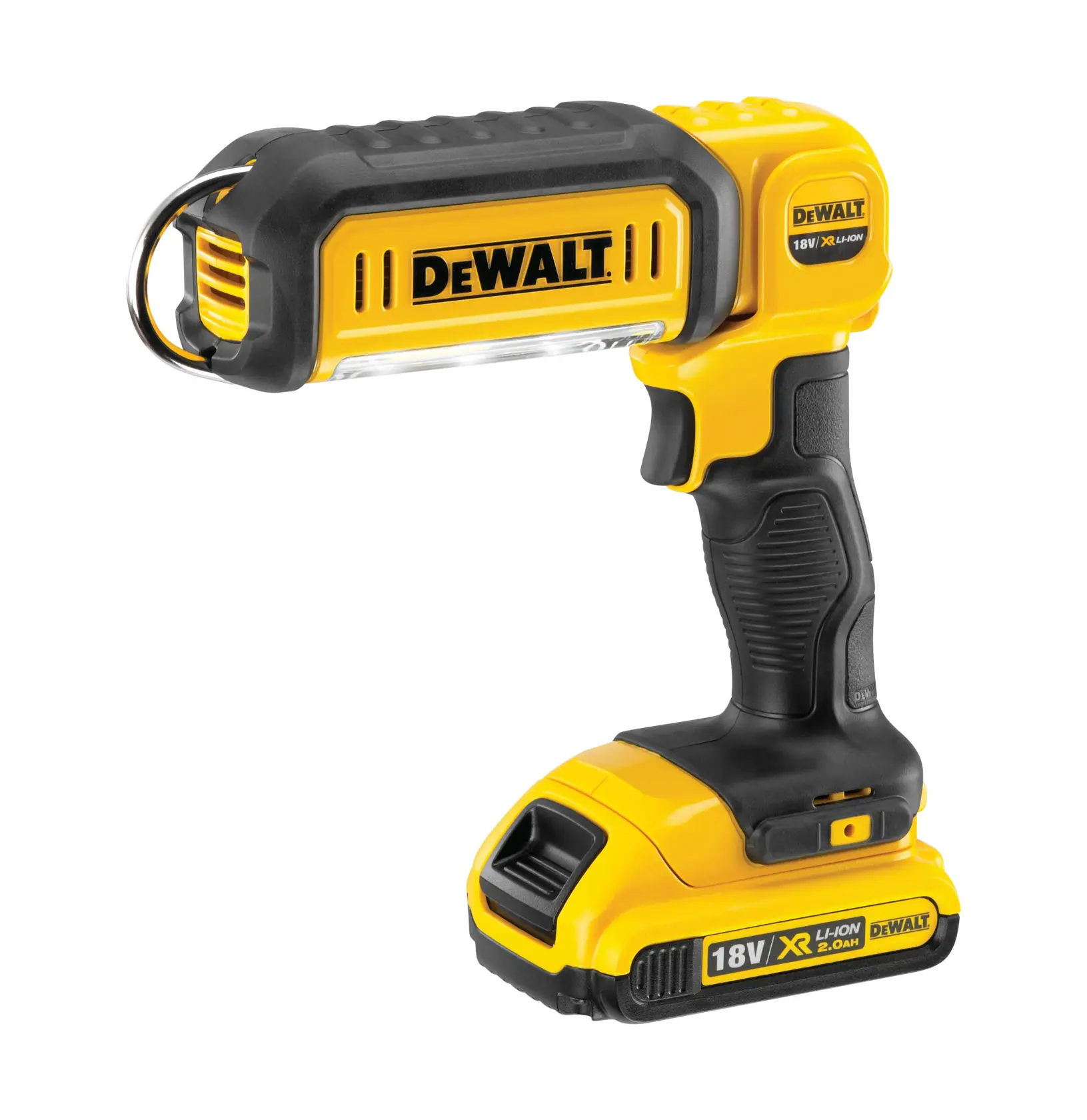 Lampe de travail DEWALT DCL050 18V, design noir-jaune, avec poignée ergonomique.