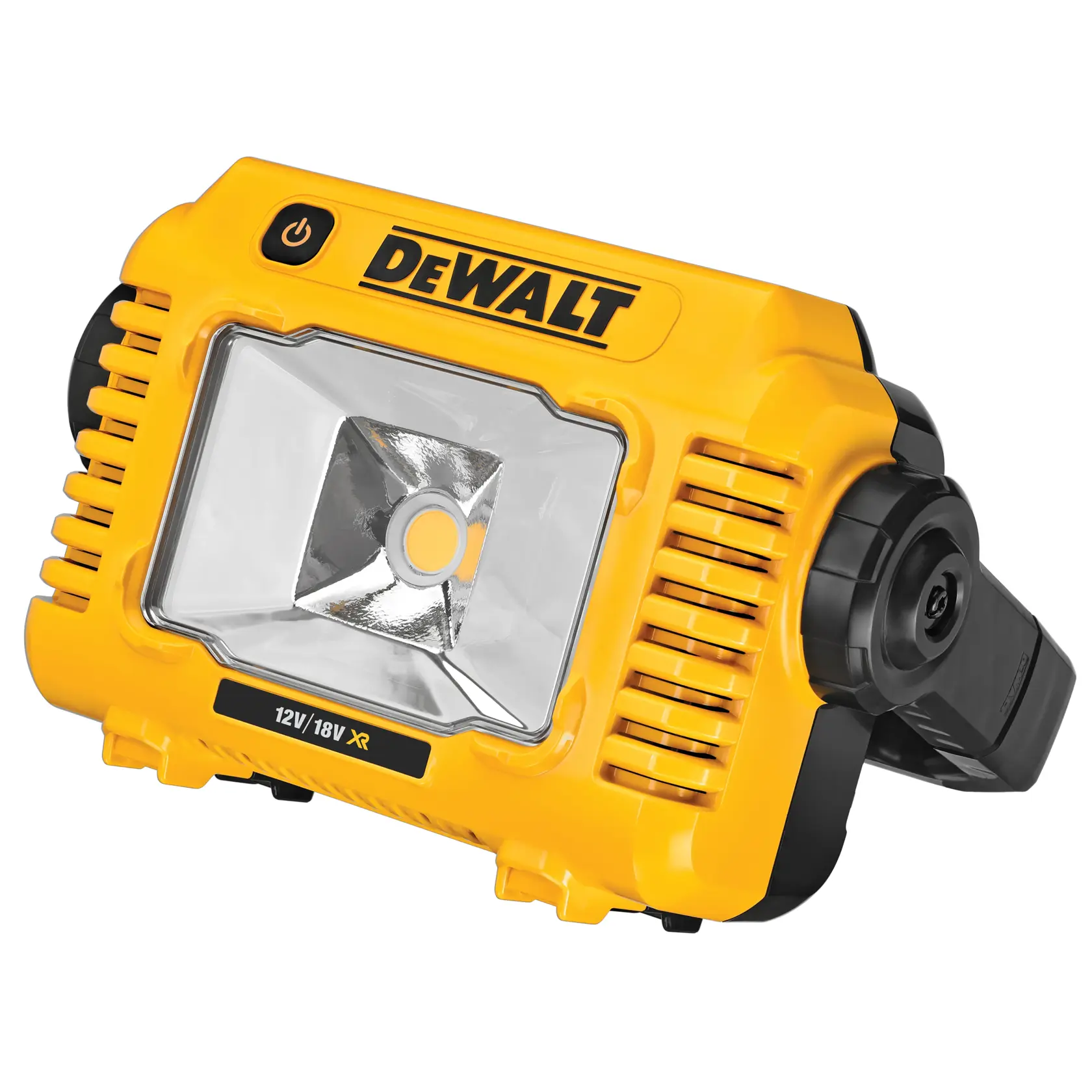Lampe LED de travail portable DEWALT jaune avec support ajustable, pour batteries XR 12V/18V.