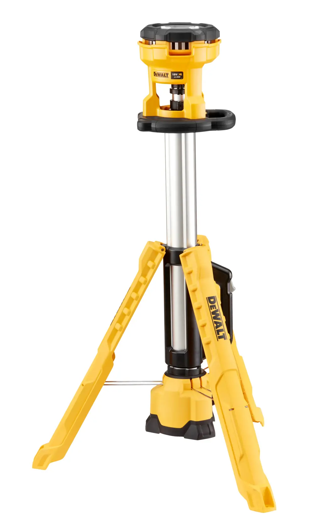Projecteur sur trépied jaune DEWALT DCL079 à hauteur réglable et trois pieds pour éclairer le chantier.