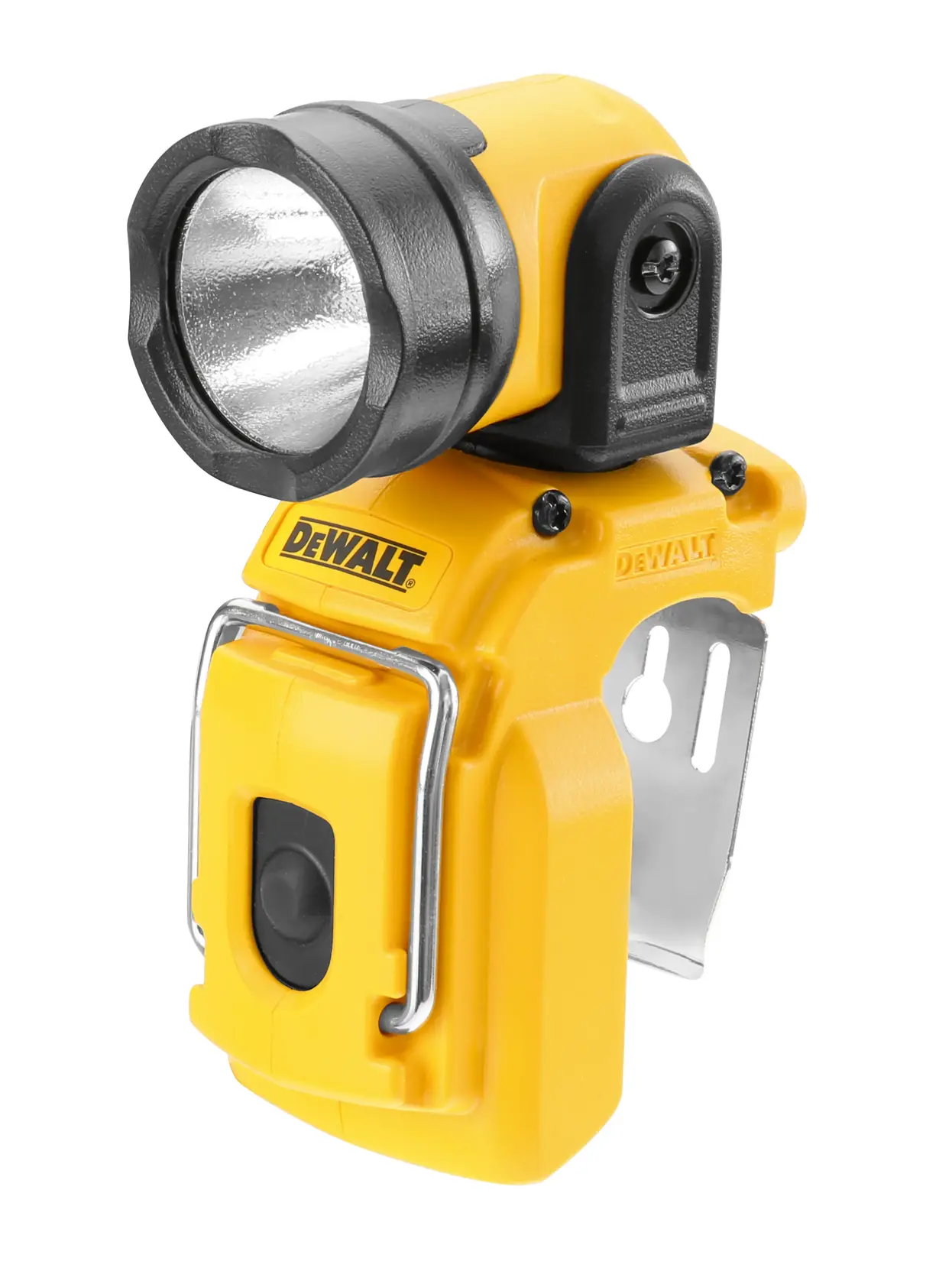 Lampe torche LED DEWALT jaune compacte avec tête réglable et clip métallique pratique pour le montage.