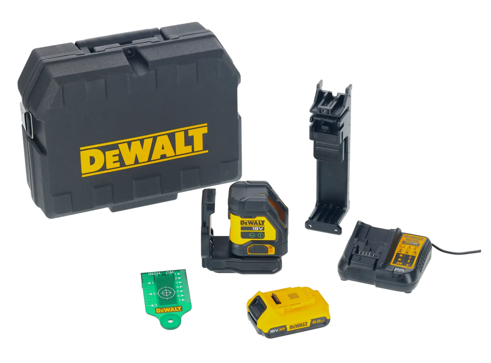 Kit niveau laser DEWALT comprenant une valise rigide noire avec logo DEWALT jaune, un appareil de niveau laser jaune et noir, un support de montage, une plaque cible verte, une batterie rechargeable et un chargeur de batterie.