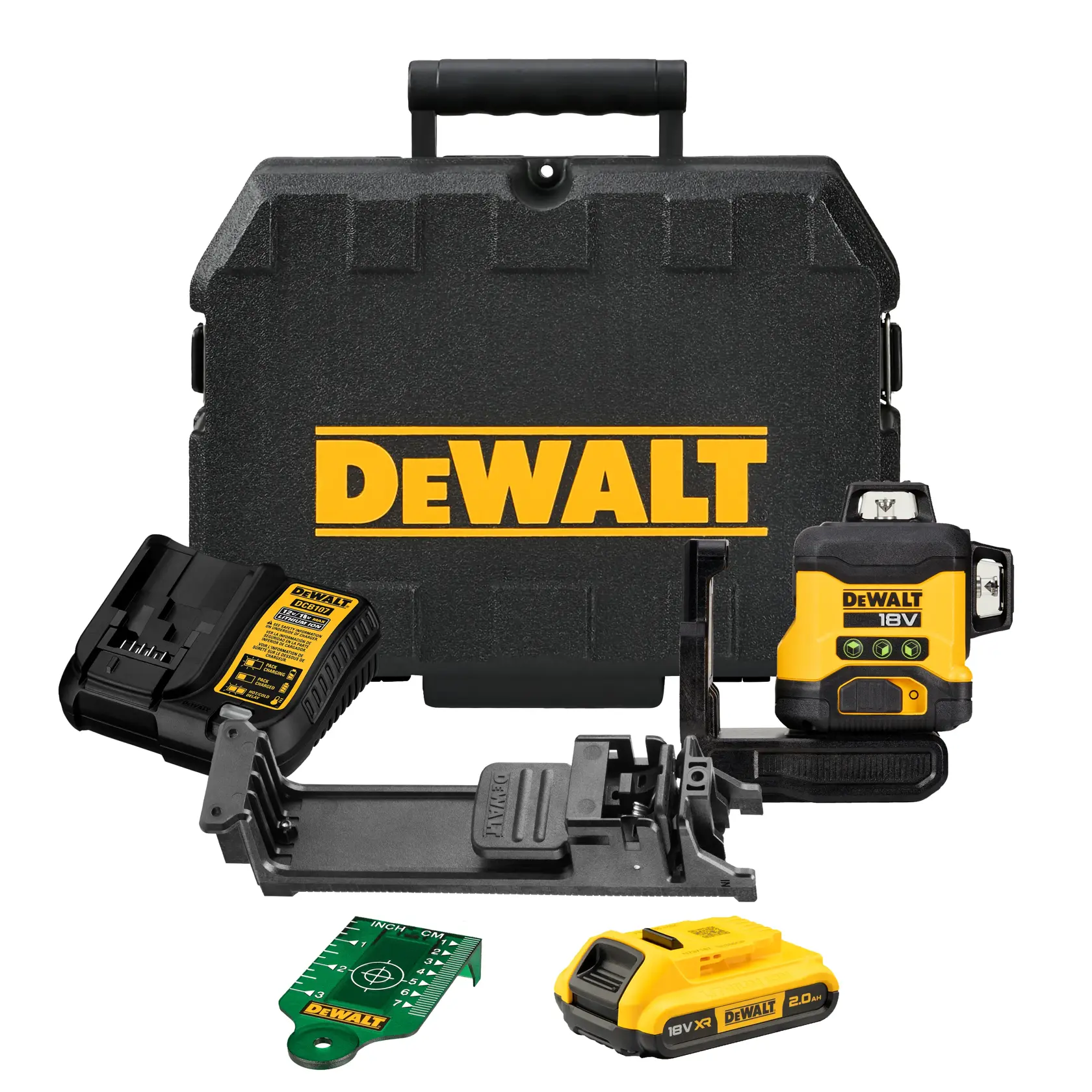 Kit niveau laser DEWALT 18V avec mallette rigide, chargeur, batterie, support et cible verte.