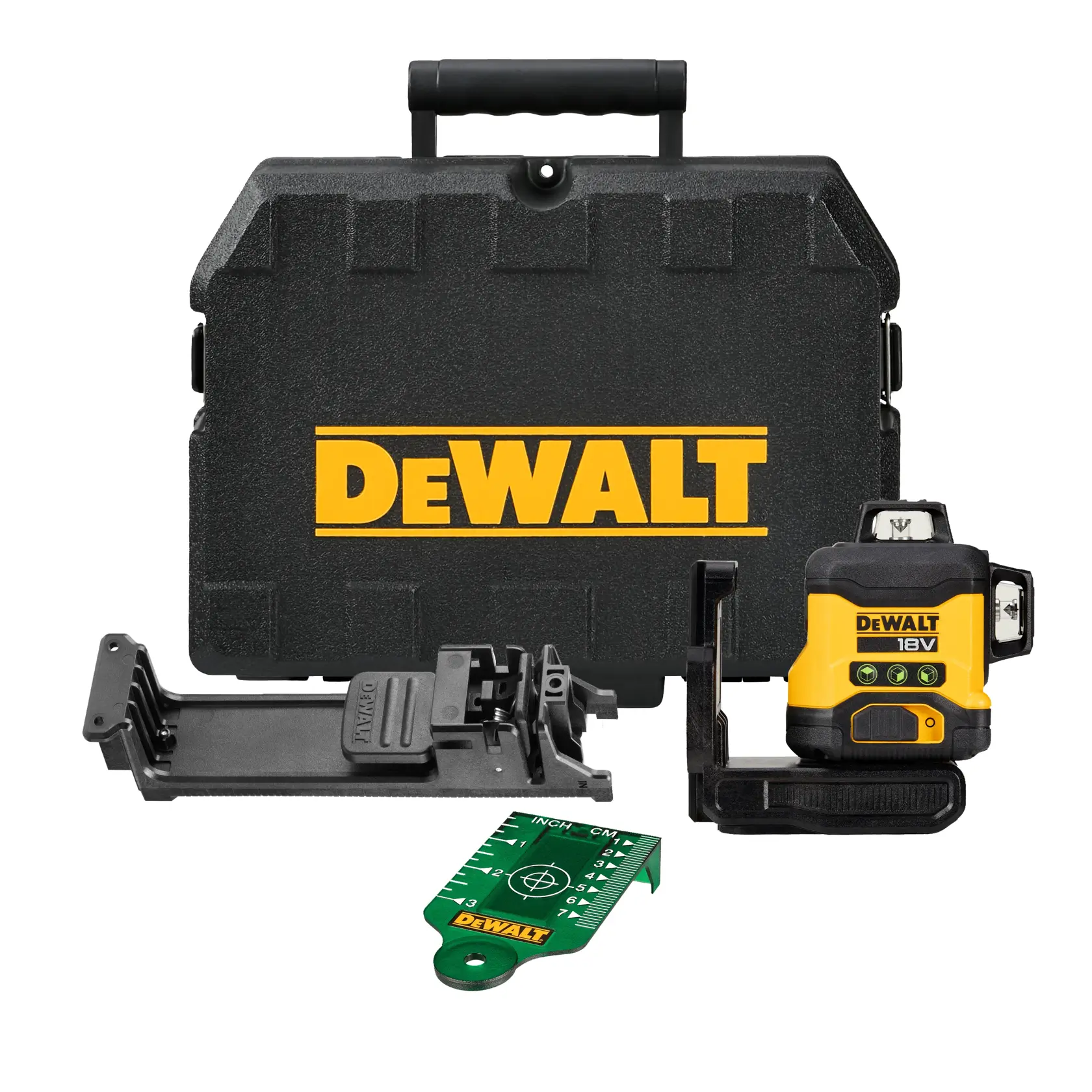 Kit niveau laser DEWALT 18V avec mallette, support de montage et outil cible vert.