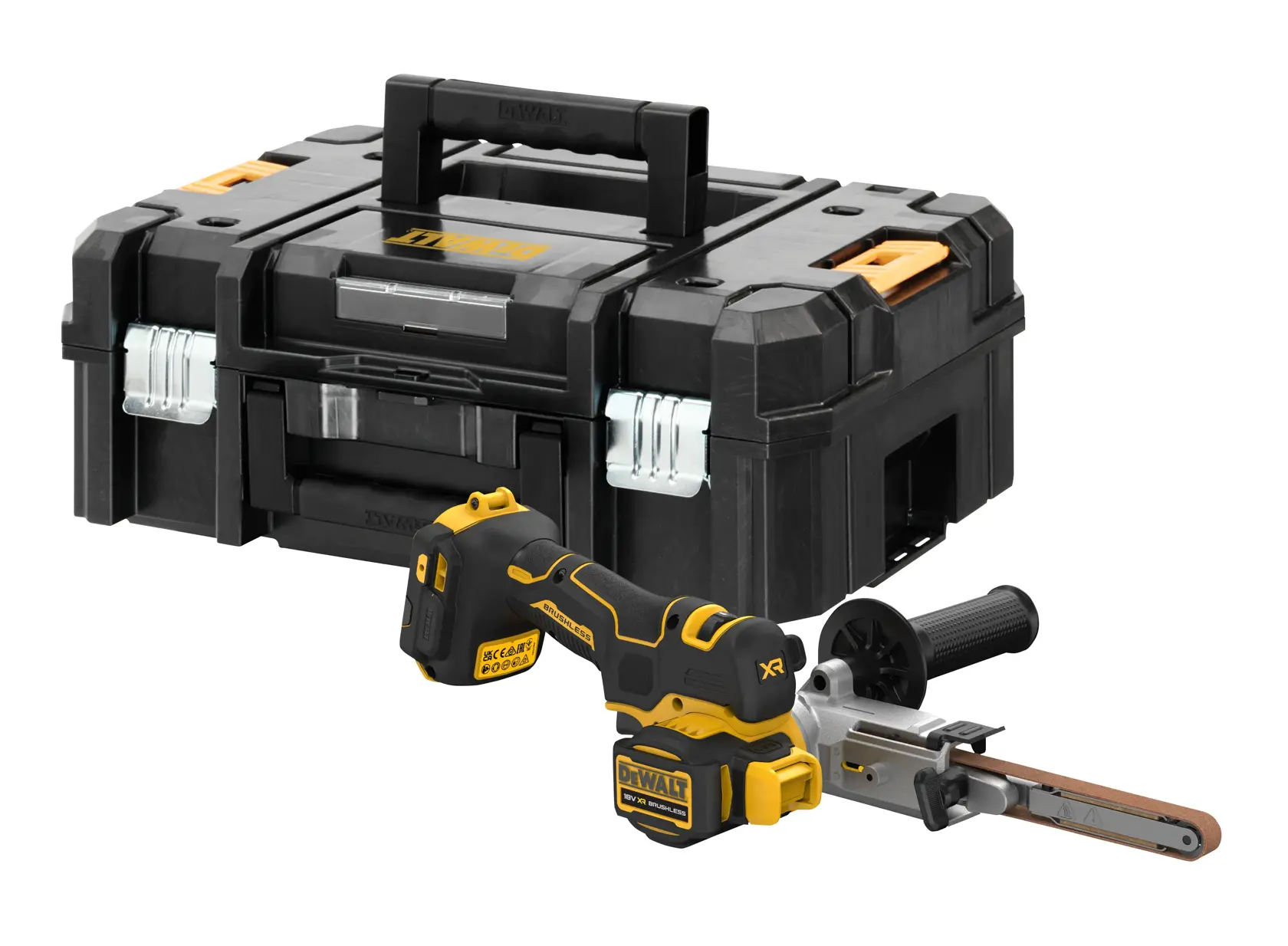 Outil lime sans fil DEWALT avec boîte noire. Couleur jaune et noire, pour atelier ou chantier.