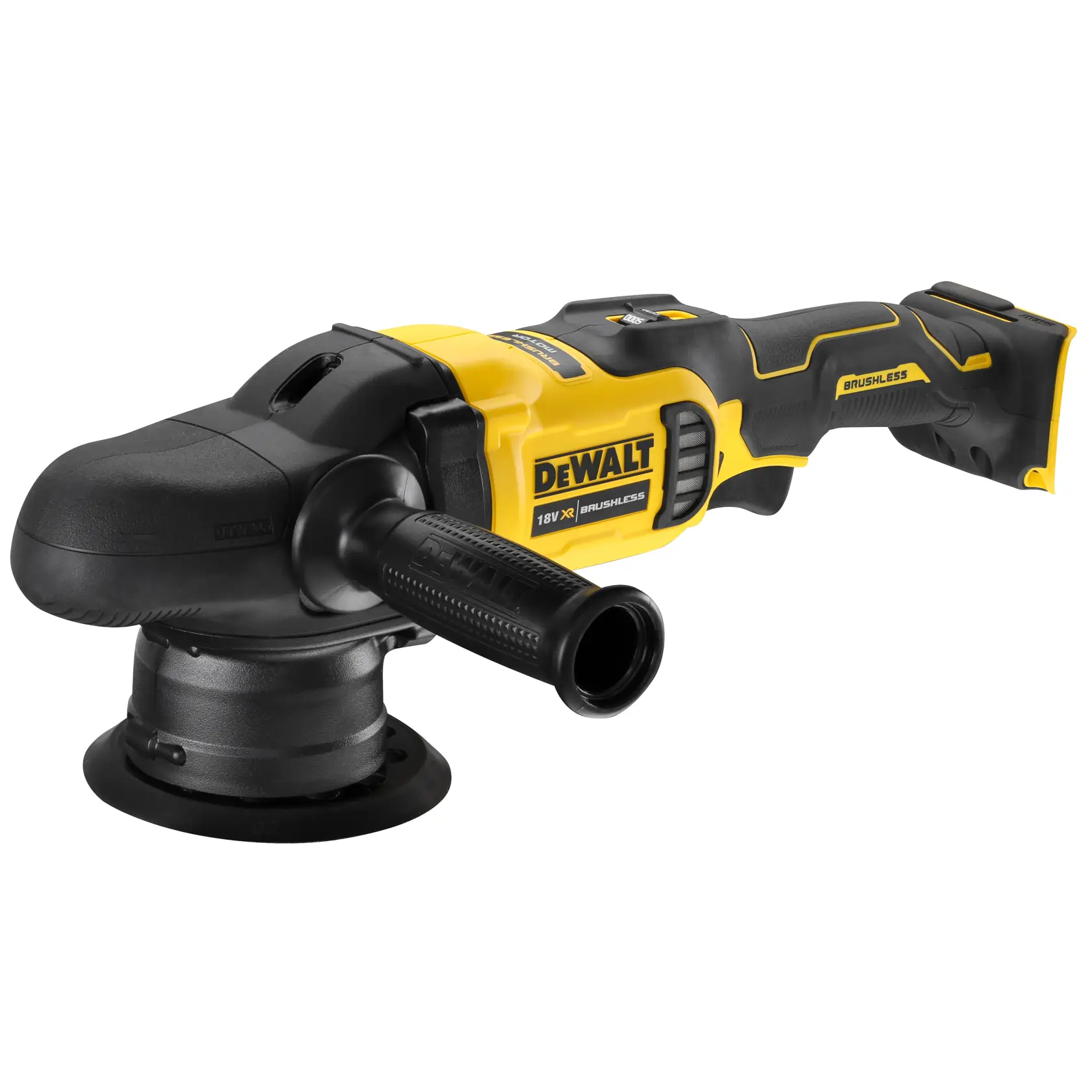 Polisseuse DEWALT 18V sans fil, moteur sans balais, noire et jaune, poignée latérale, pour finitions de surface.