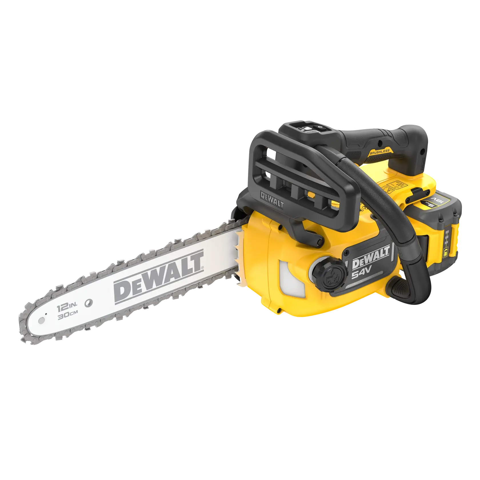 Motosierra DEWALT 54V, 30cm. SKUs: DCMCST632X1-XE, DCMCST632X1, DCMCST632X1-QW. Fotografía.