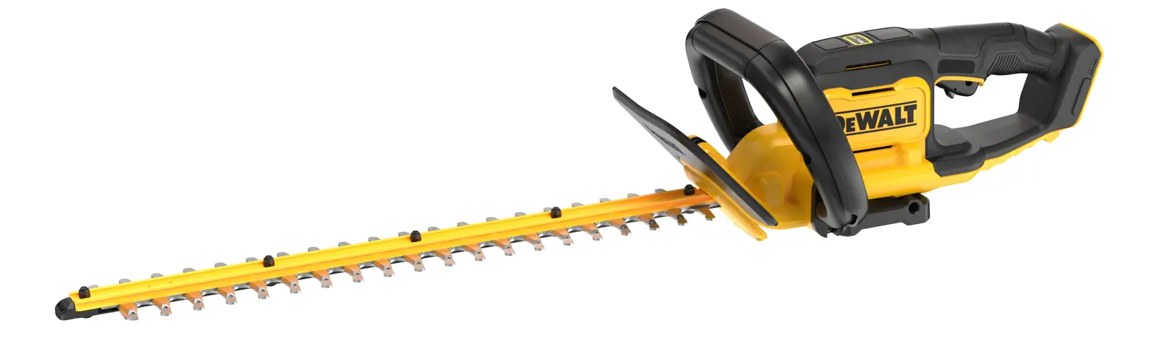 Taille-haie sans fil DEWALT, corps jaune et noir, poignée ergonomique et lame longue.