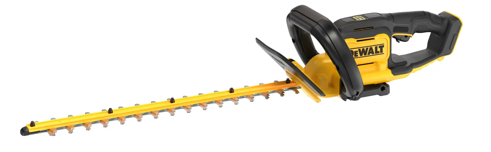 Taille-haie sans fil DEWALT jaune et noir avec lame longue et poignée ergonomique sur fond blanc.