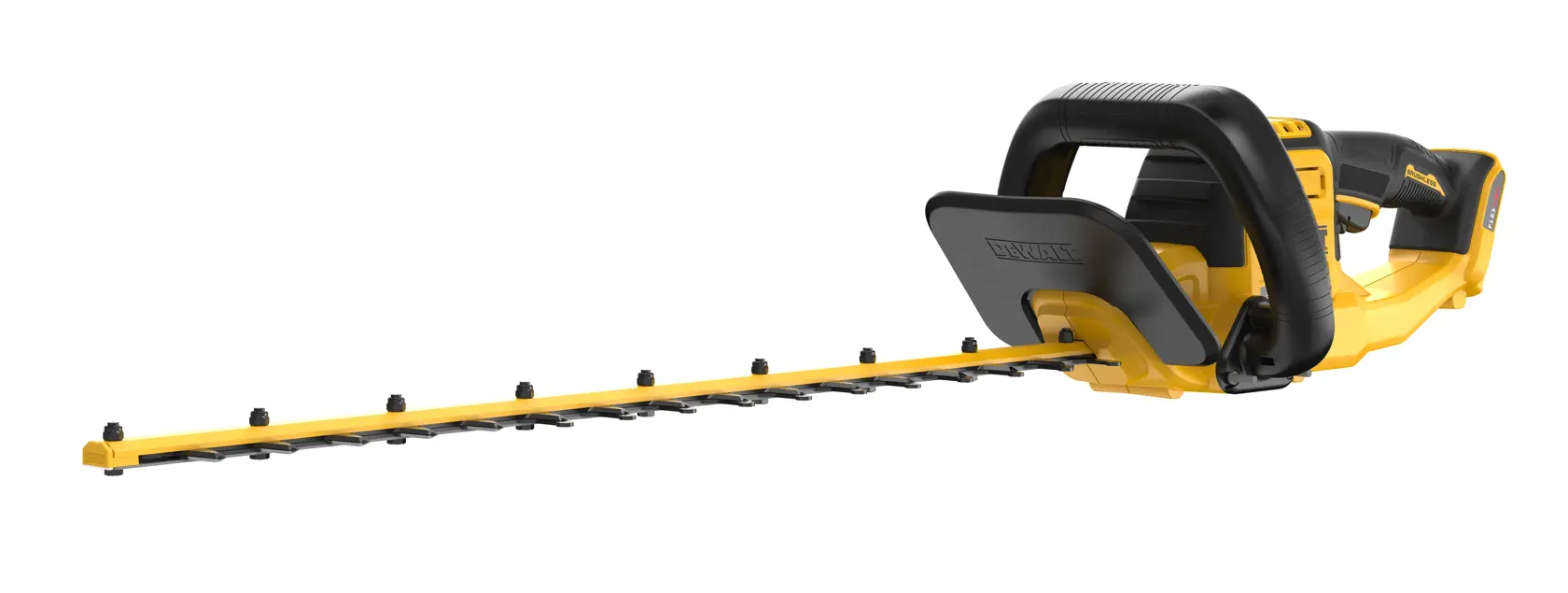 Kabellose DEWALT Heckenschere mit langem Messer und ergonomischem Griff, vor weißem Hintergrund.