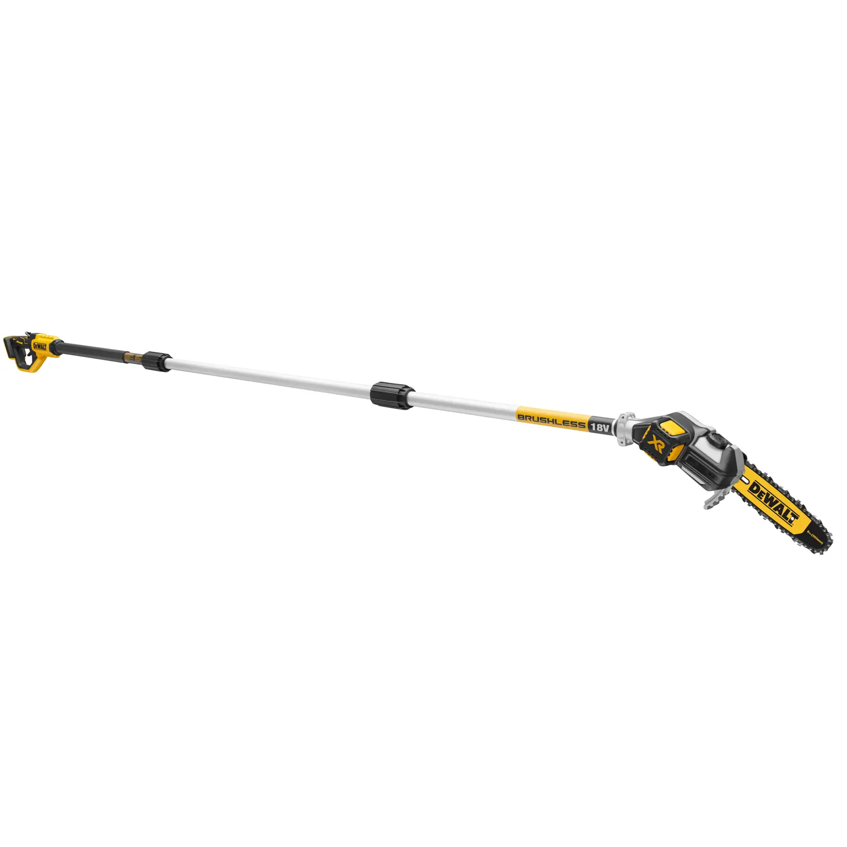Sierra de pértiga DEWALT 18V inalámbrica con eje telescópico y motor sin escobillas.