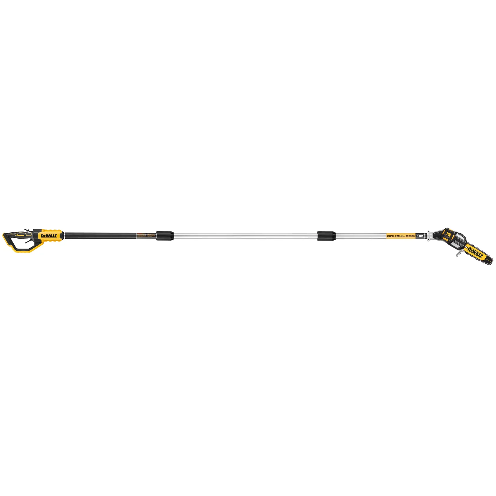 Motosierra telescópica DEWALT inalámbrica para cortar ramas y árboles, diseño amarillo y negro.
