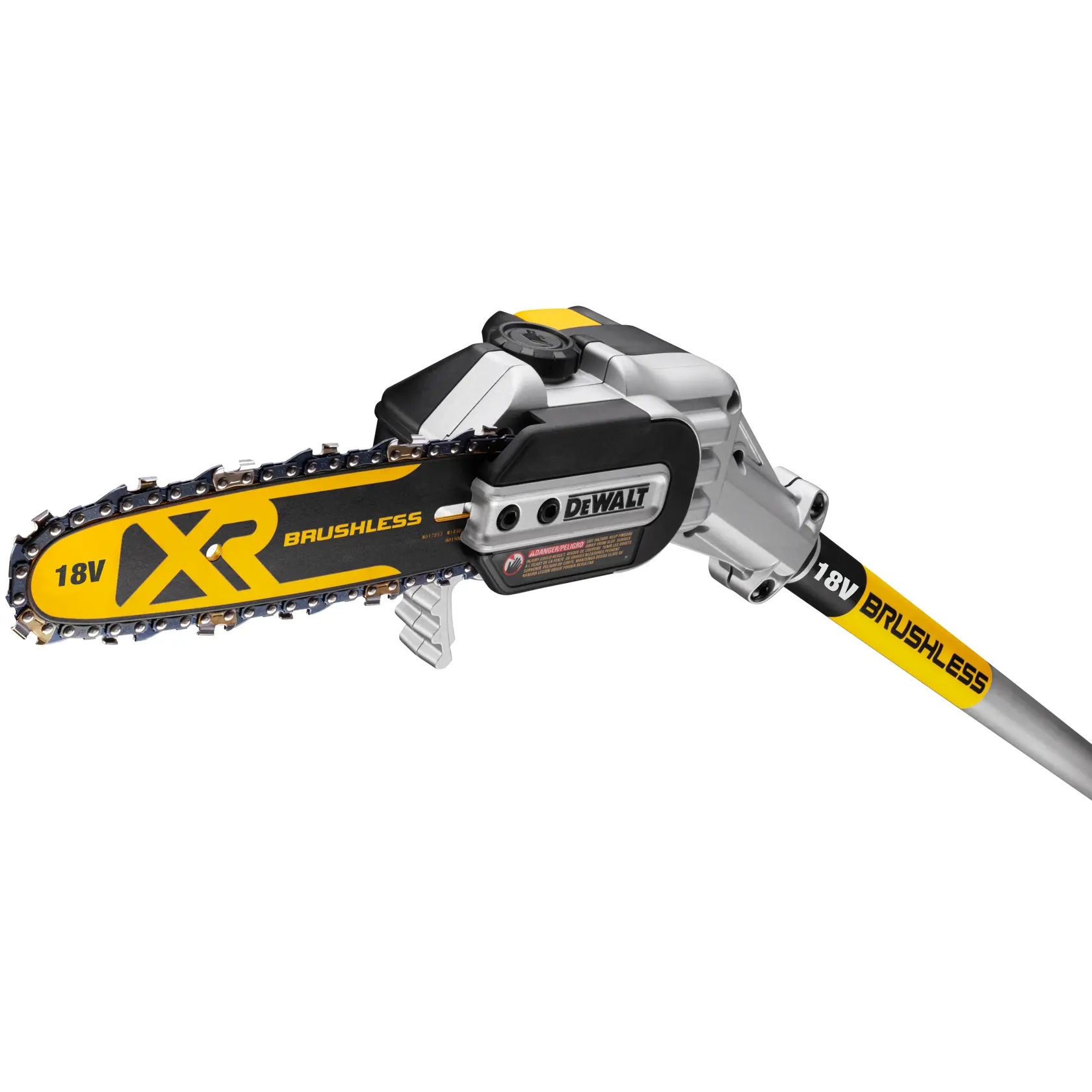 Motosierra de pértiga DEWALT 18V XR brushless, barra amarilla y negra para podar y recortar.