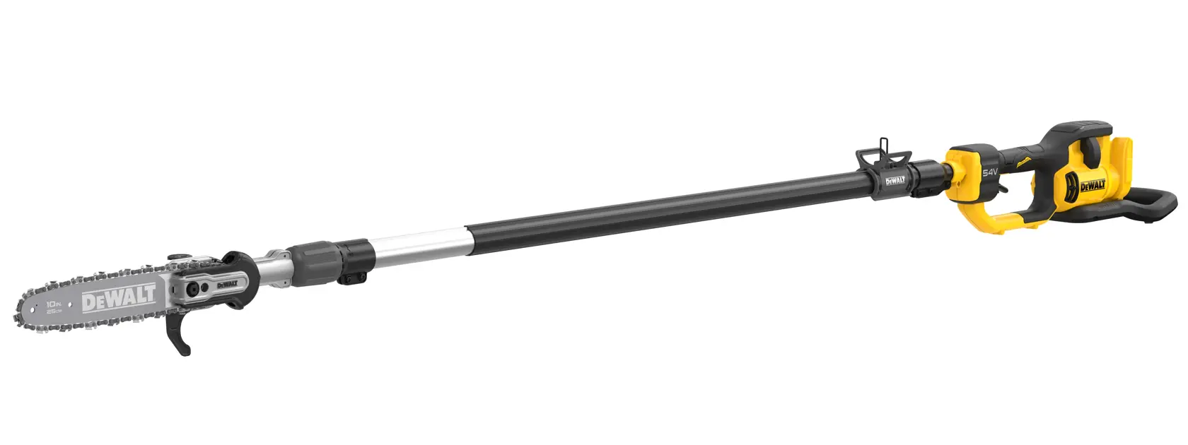 Scie à perche sans fil DEWALT avec longue poignée et lame pour couper les branches en hauteur.