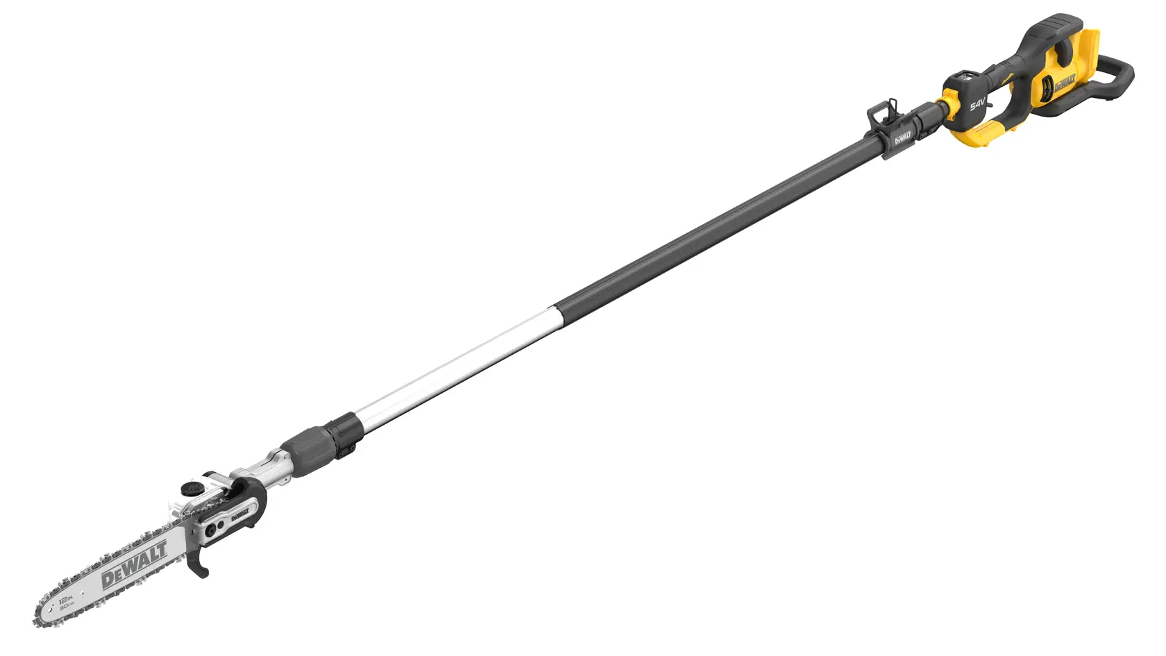 DEWALT Akku-Hochentaster mit langem Griff und Kettensägeblatt zum Baumschnitt.