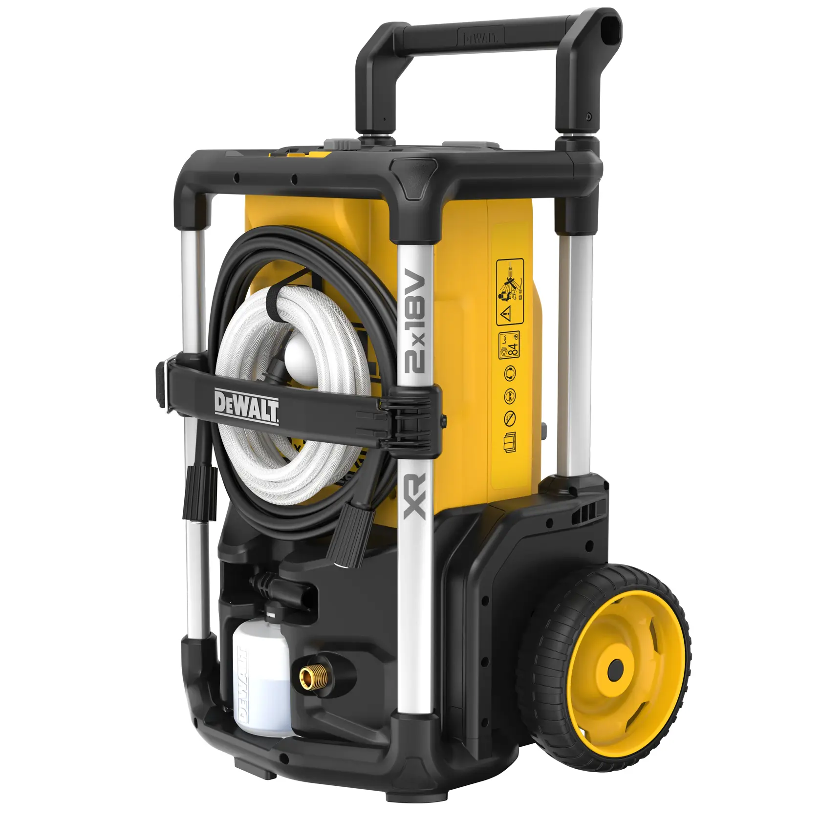 Tragbarer Hochdruckreiniger von DEWALT, Modell DCMPW1600, mit gelb-schwarzem Design, großen Rädern für einfachen Transport, einem vorne aufgewickelten Schlauch und ergonomischem Griff.