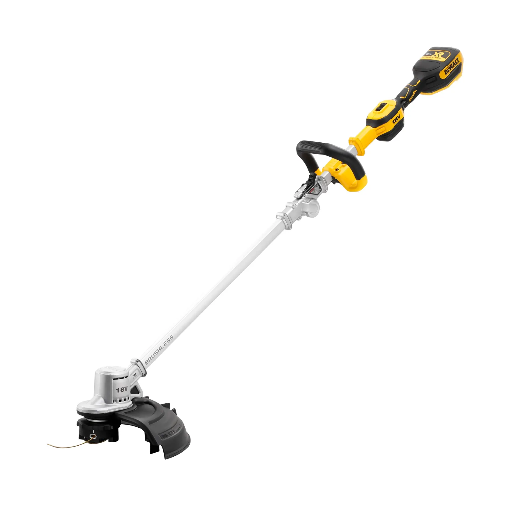 DEWALT Akku-Freischneider mit bürstenlosem Motor, gelb-schwarzem Griff und Schutzabdeckung.
