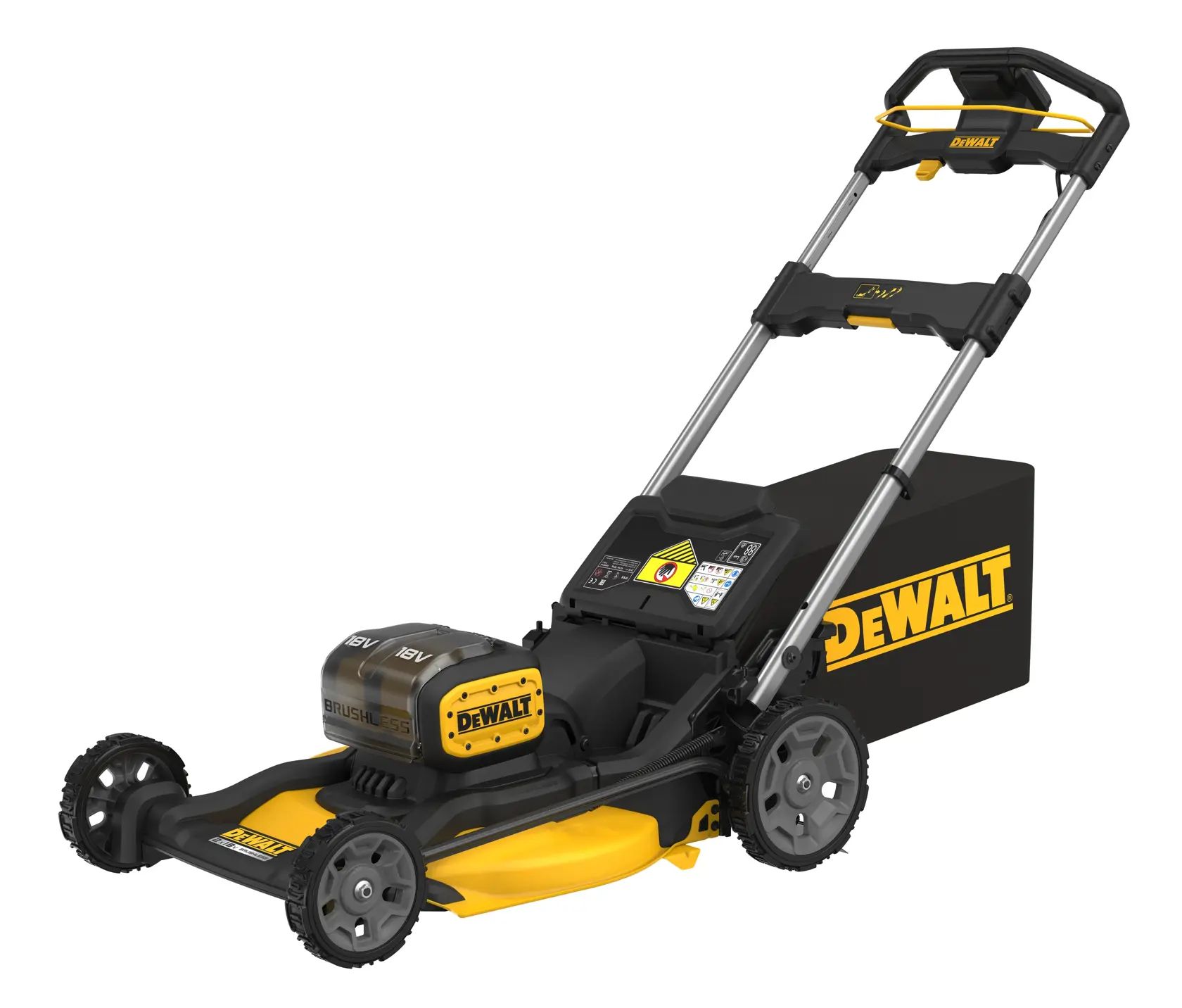 DEWALT Akku-Rasenmäher in Schwarz-Gelb mit großen Rädern und hinterer Grasfangbox.