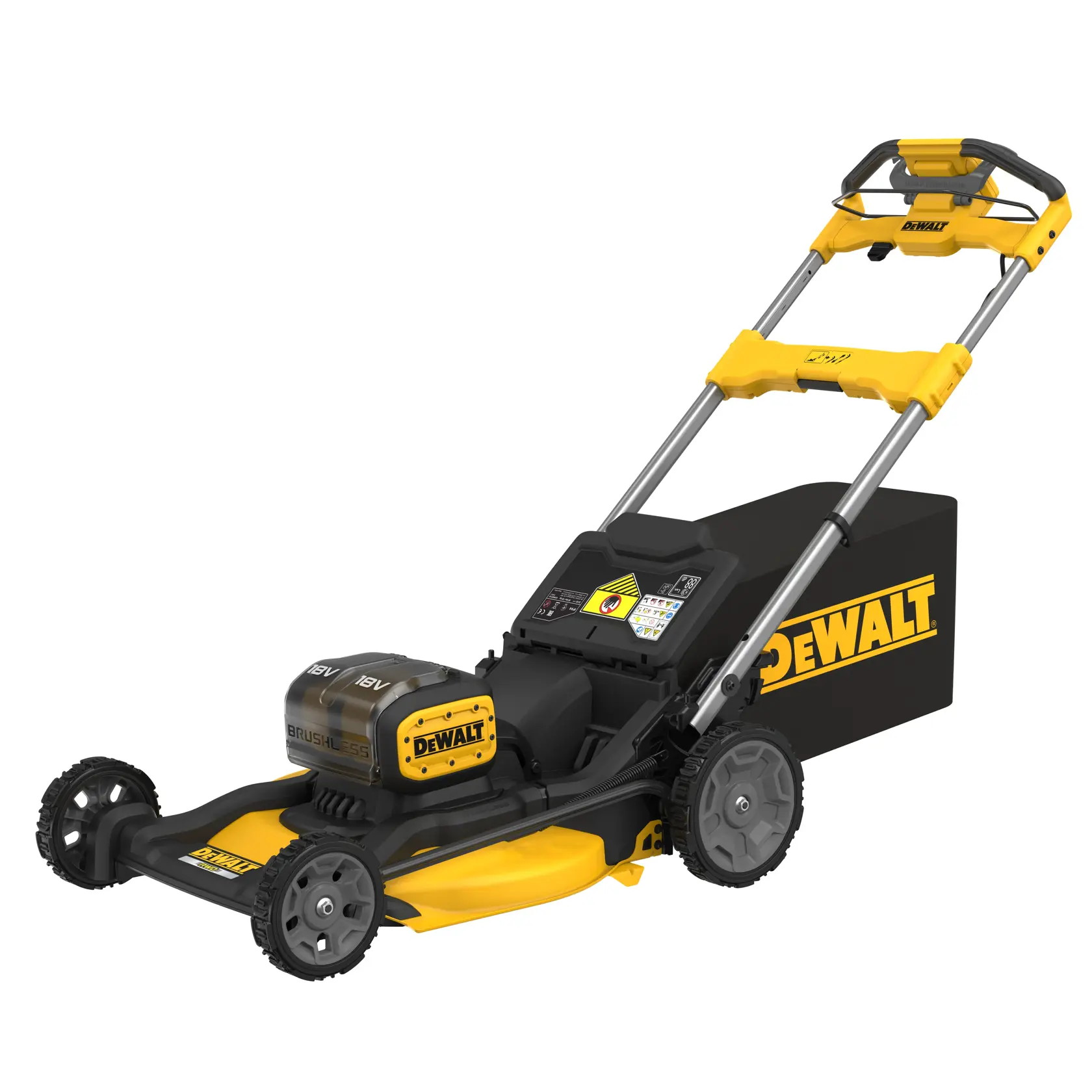 Tondeuse sans fil DEWALT, design jaune et noir, avec poignée réglable.