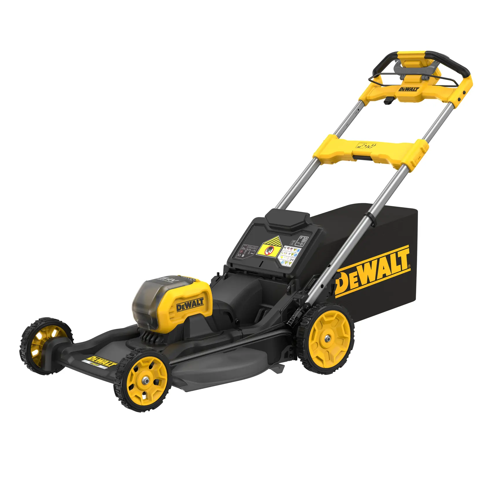 Tondeuse sans fil DEWALT, corps jaune et noir, poignée réglable et bac de collecte d’herbe.