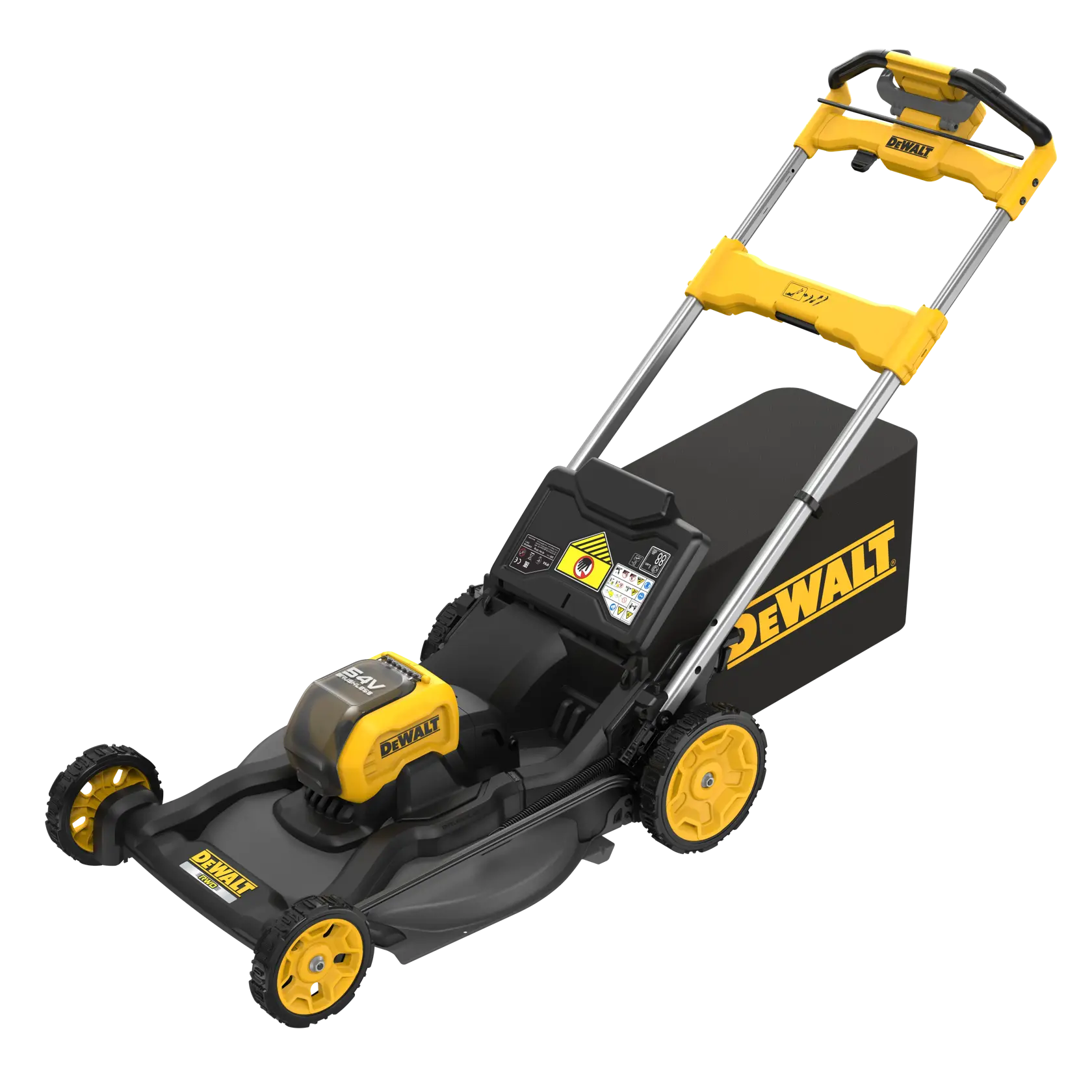 Tondeuse électrique sans fil DEWALT jaune et noire avec bac de collecte d’herbe.