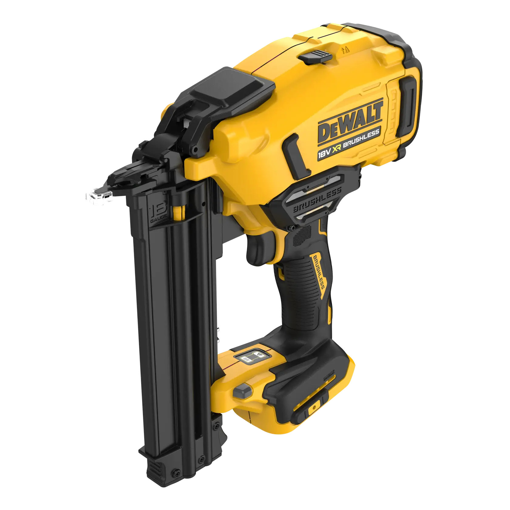 Gelber DEWALT Akku-Nagler mit schwarzen Akzenten, 18V XR Brushless Modell, schräger Blick.