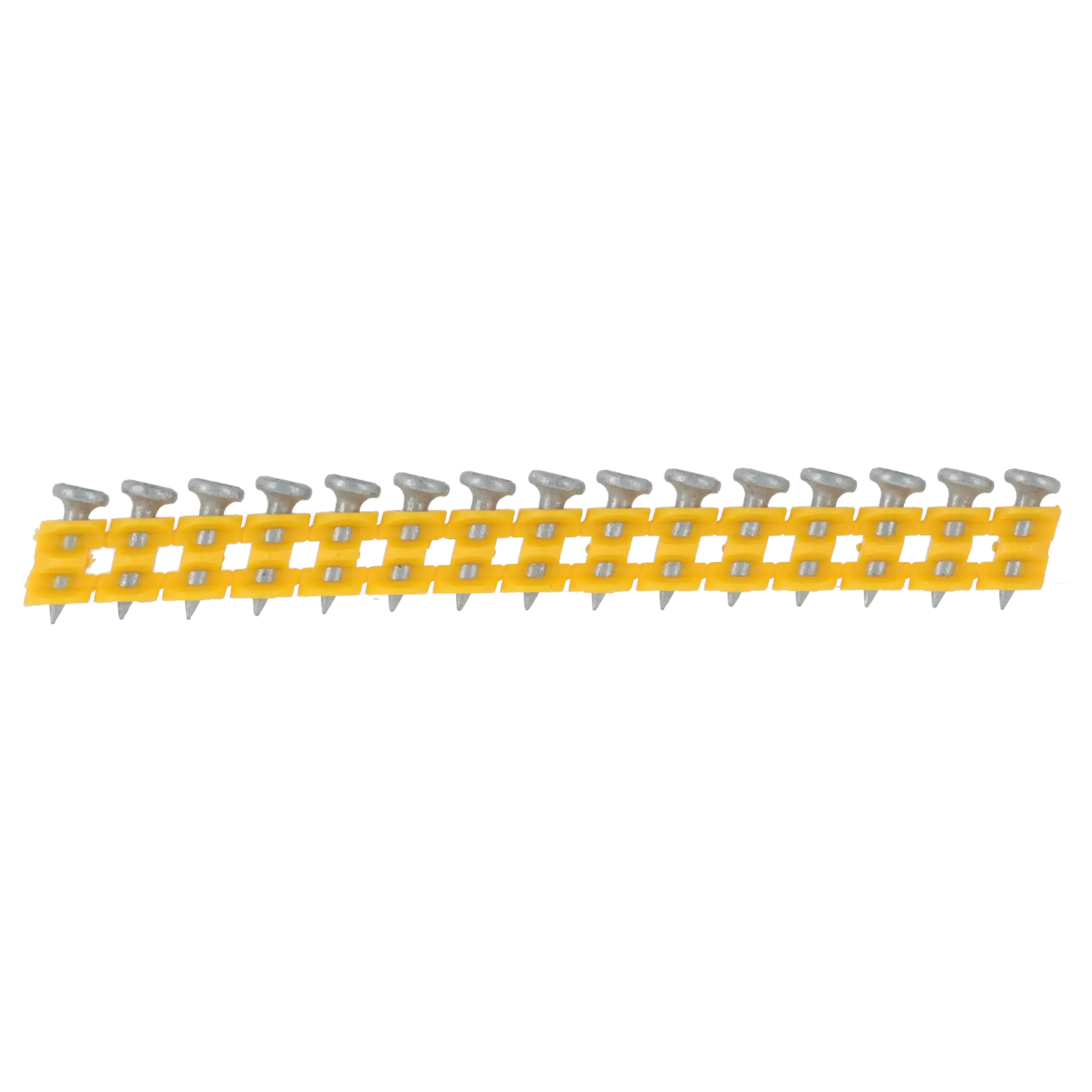 Rangée de clous en acier DEWALT sur bande plastique jaune, pour outils électriques, présentée sur fond blanc.