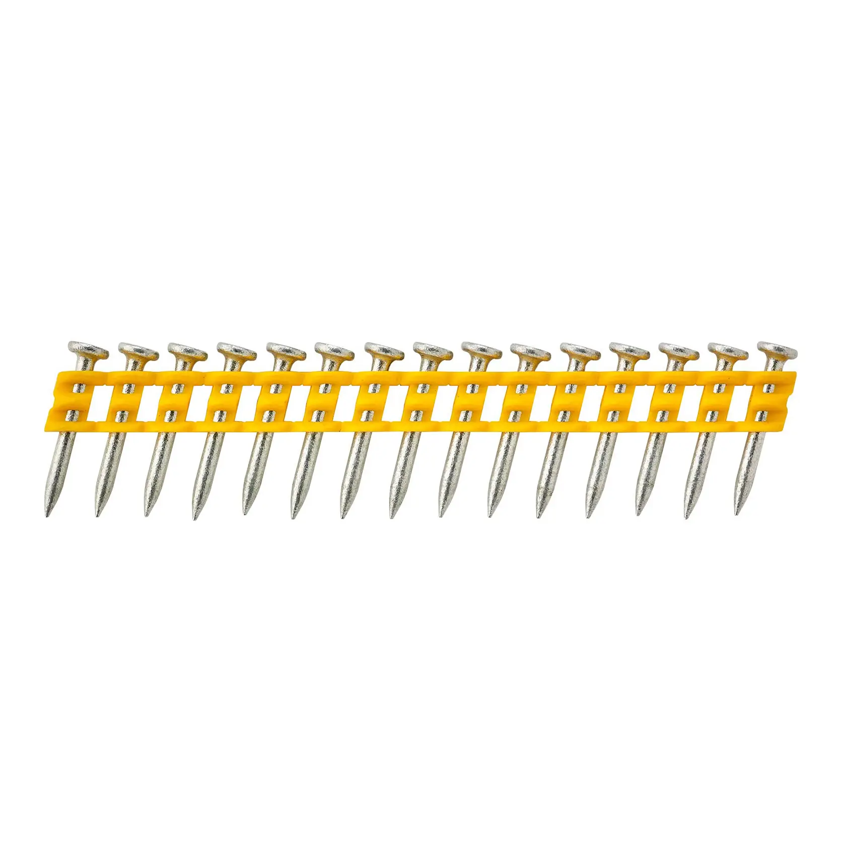 Rangée de clous métalliques dans une bande plastique jaune, pour la construction ou les cloueuses.