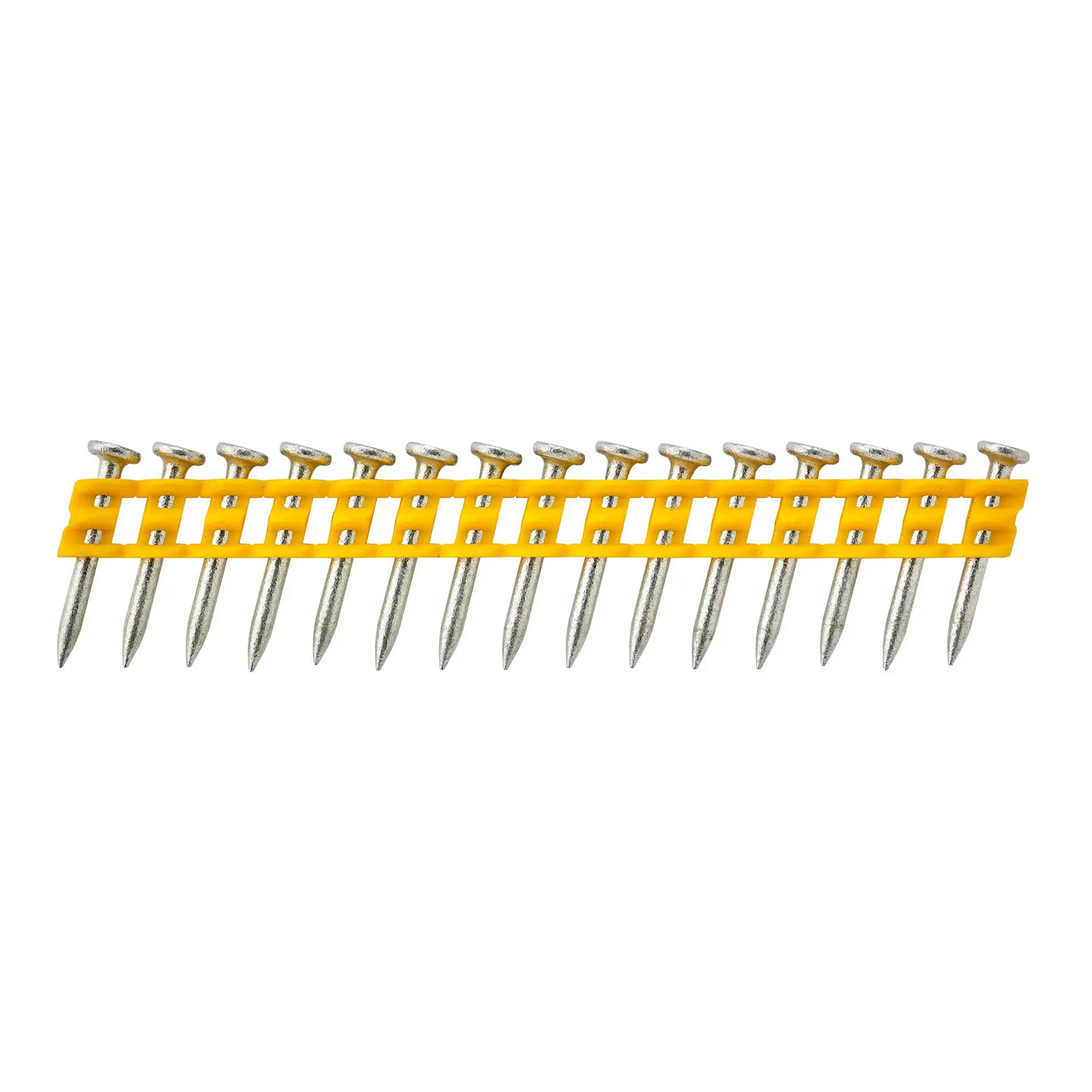 Bande de clous agrafés avec support plastique jaune pour pistolet à clous.
