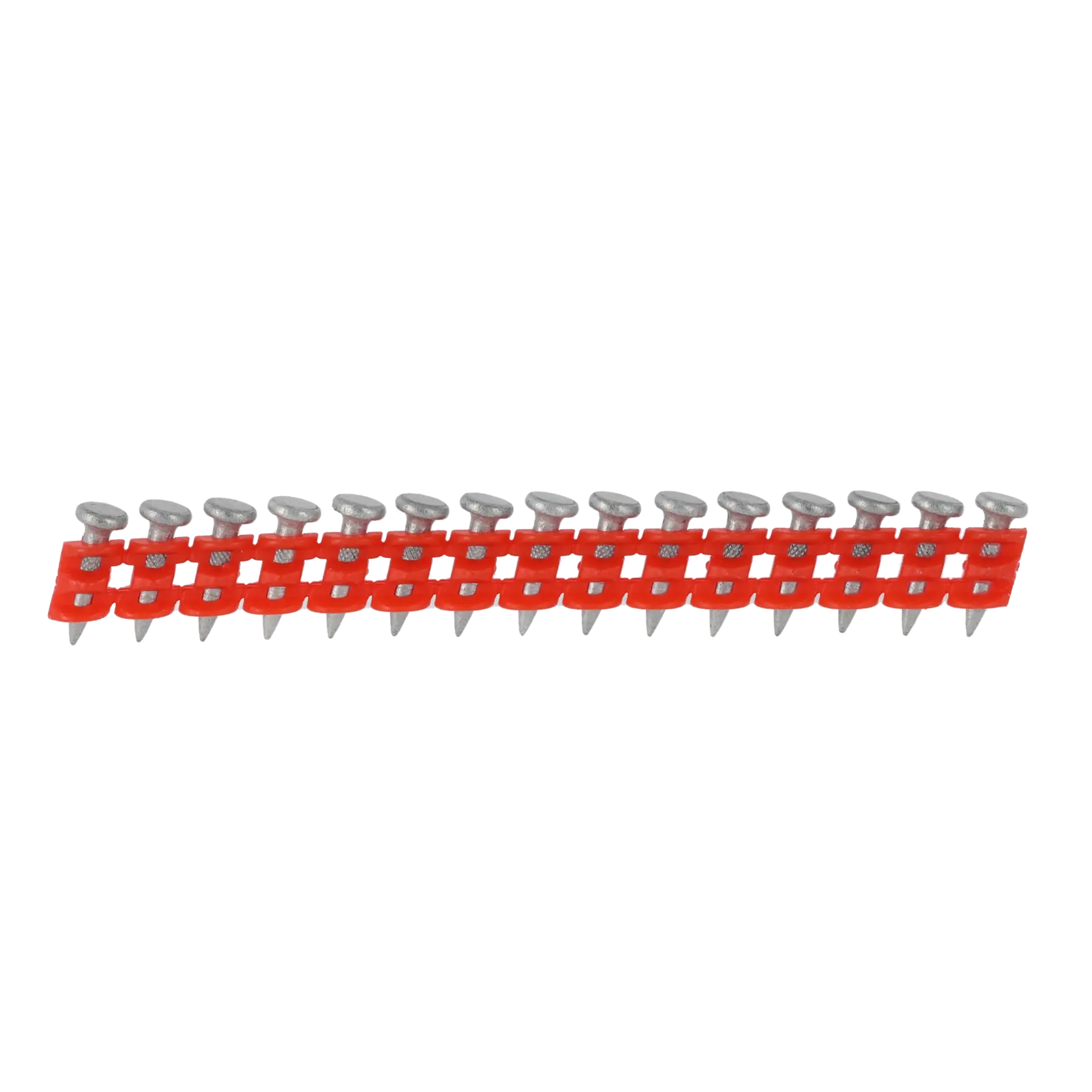Bande de clous métalliques maintenus par une bande plastique rouge, conçus pour un pistolet à clous.