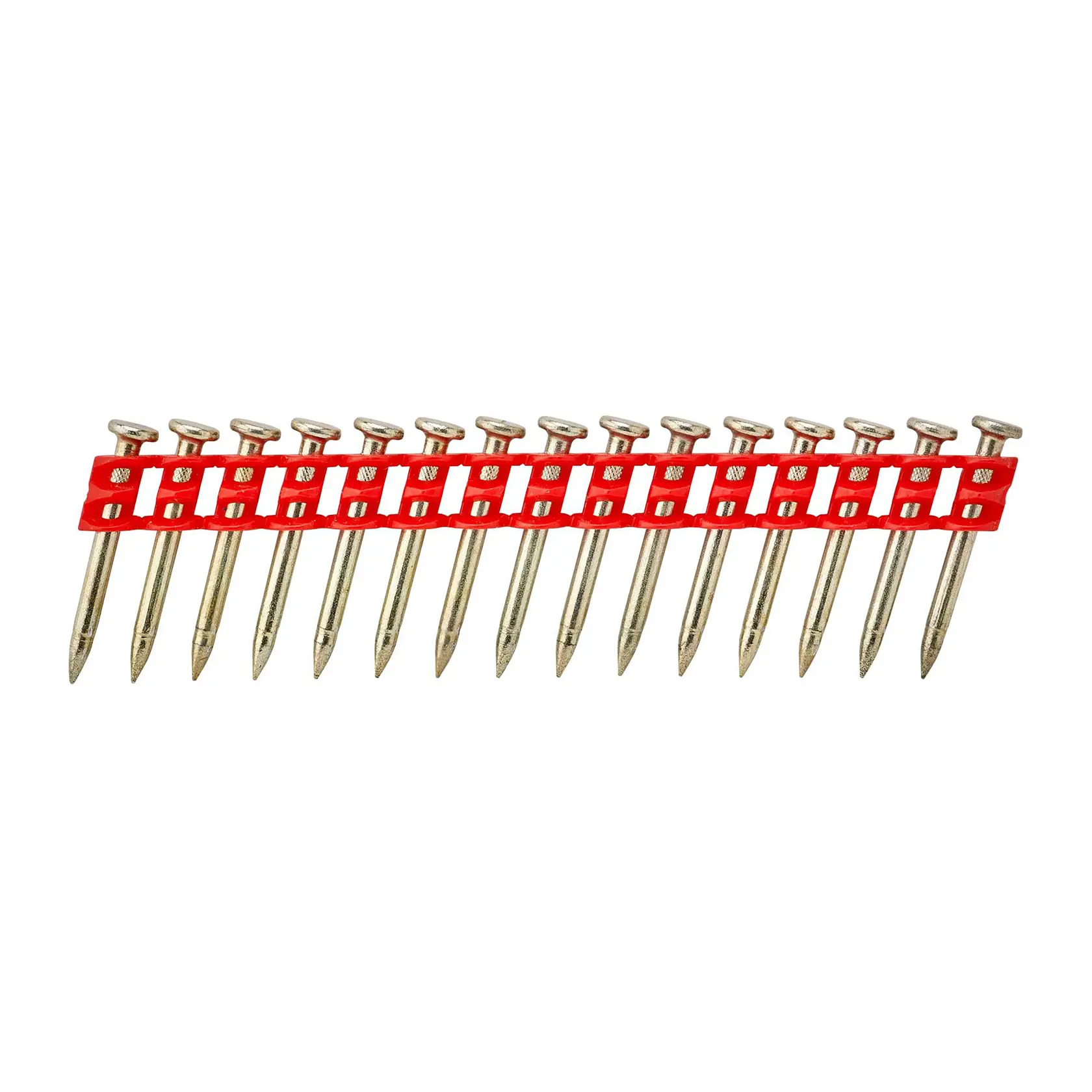 Bande de clous reliés par une bande plastique rouge, conçue pour un pistolet à clous.
