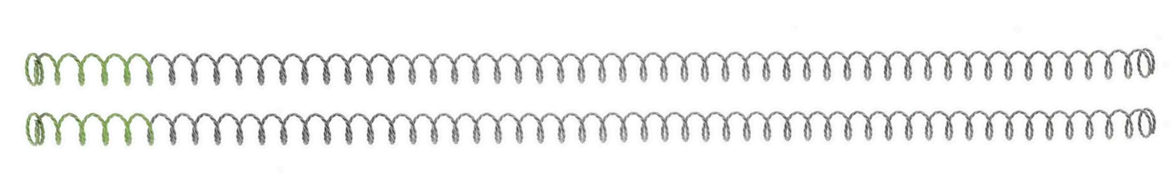 Zwei lange Spiralfedern mit grünen Schlaufen an einem Ende, nebeneinander auf weißem Hintergrund.
