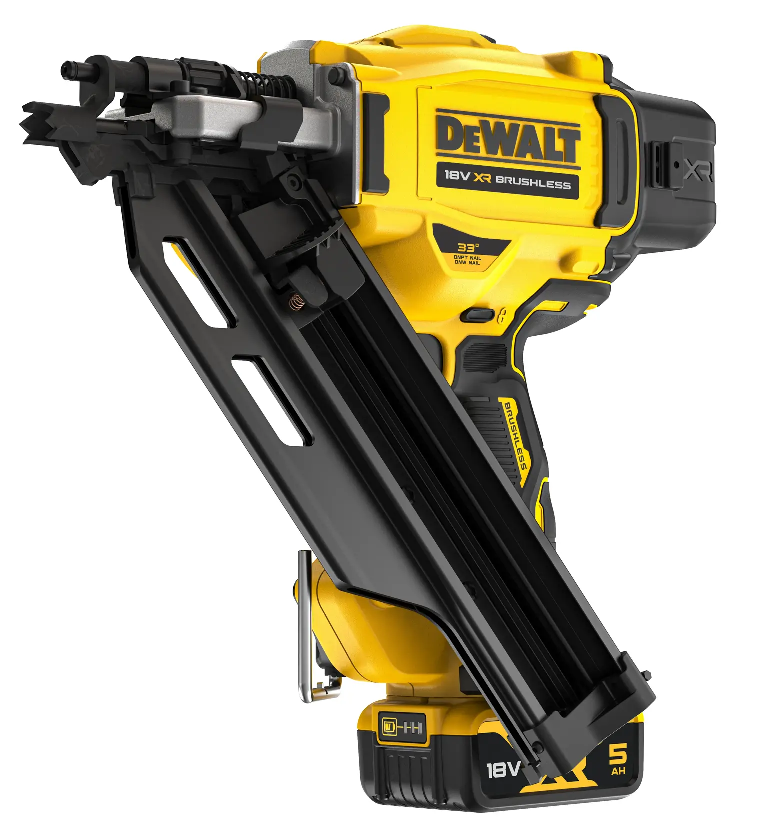 Cloueur DEWALT 18V XR brushless avec chargeur noir et corps jaune, vue latérale.