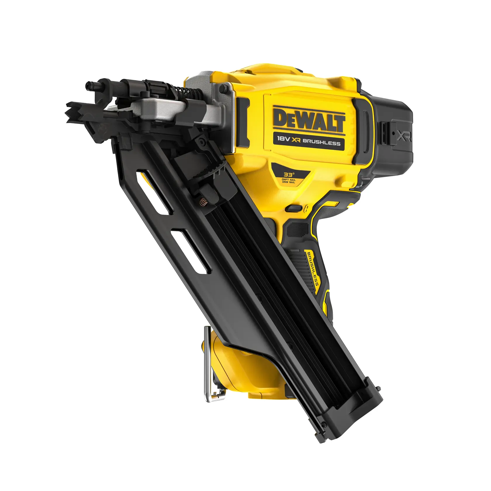 Cloueur DEWALT 18V XR brushless jaune et noir avec magasin incliné, pour la construction.