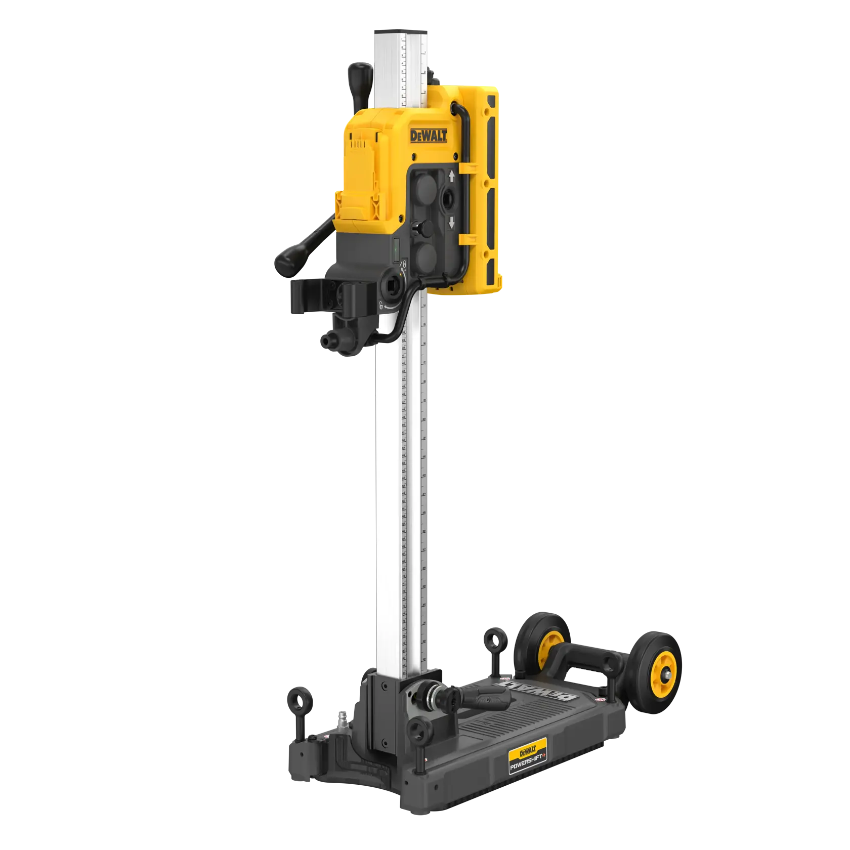 Colonne de forage DEWALT DCPS151 jaune et noire avec base et roues pour perçage portatif.