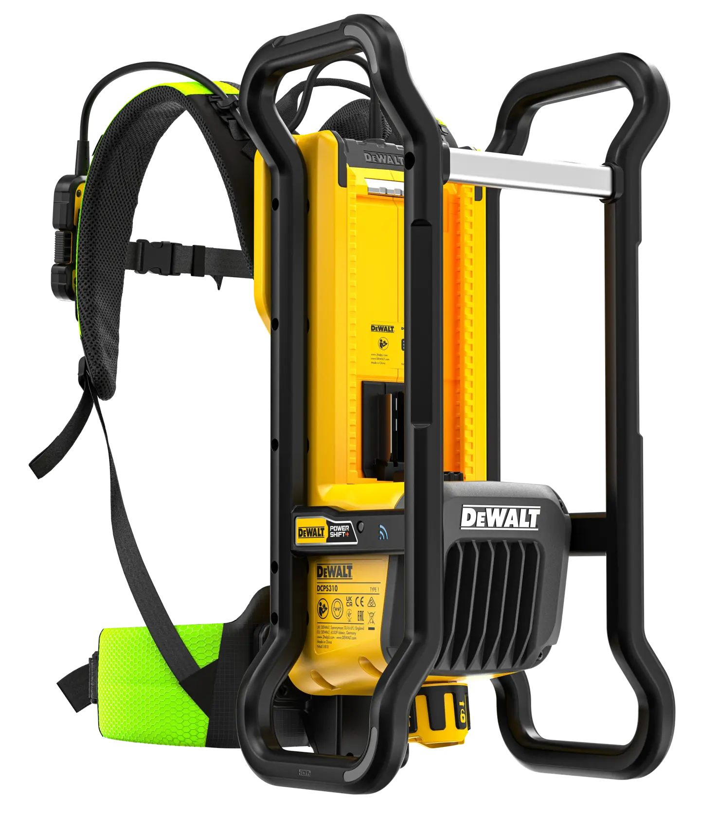 Outil DEWALT DCPS310N jaune avec cadre noir, harnais de sac à dos et rembourrage vert.
