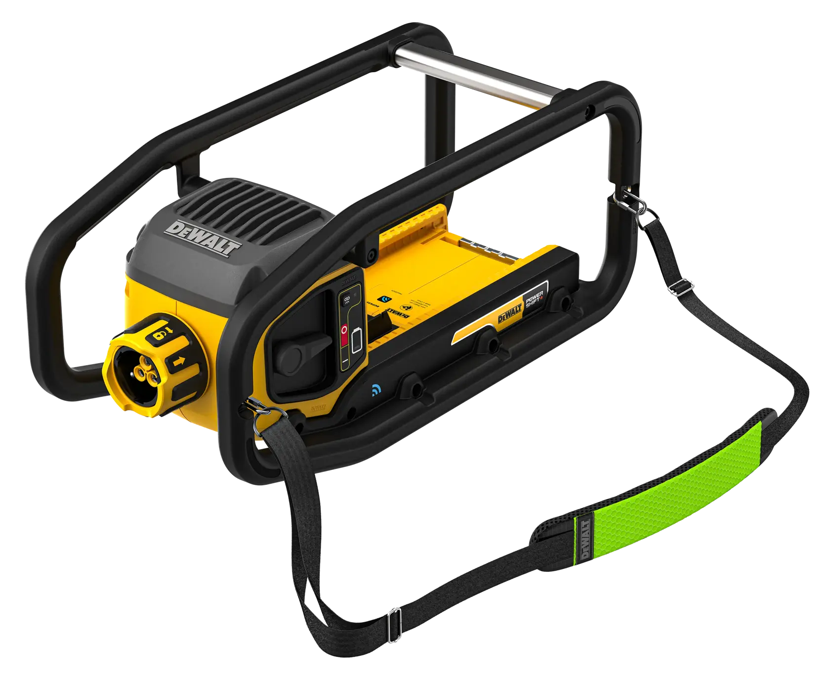 Outil portable DEWALT jaune avec cadre noir et sangle verte, modèle DCPS320N.