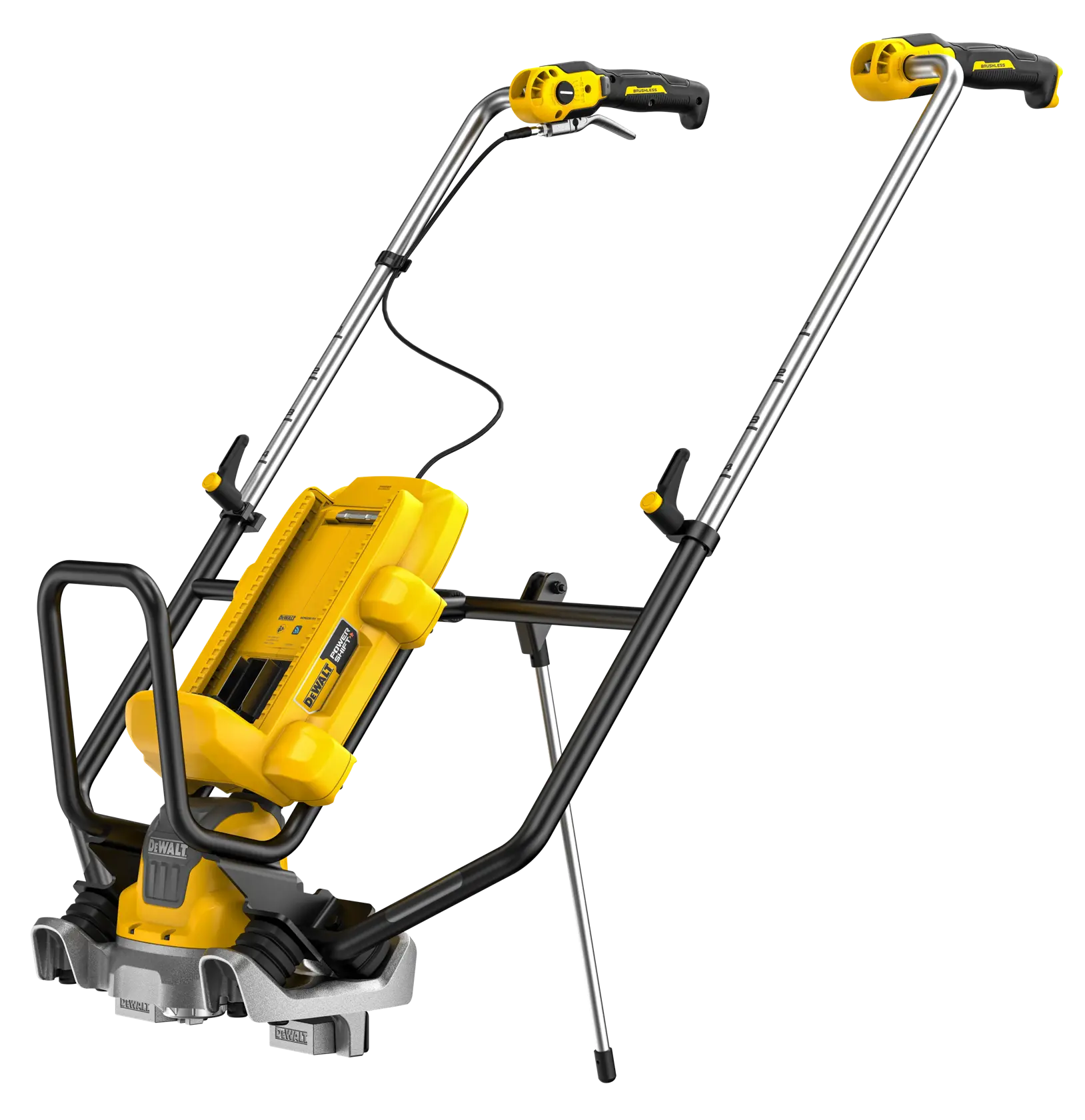 Appareil photo DEWALT sans fil avec châssis jaune et noir, doubles poignées et support ajustable.
