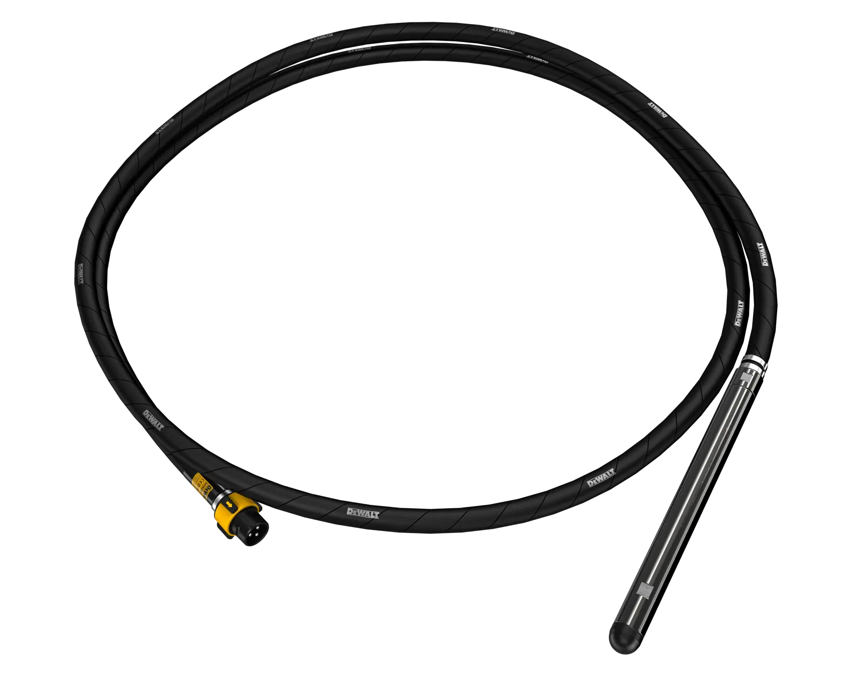 Vibrateur à béton DEWALT : tuyau flexible noir avec tête vibrante métallique et connecteur sur fond blanc.
