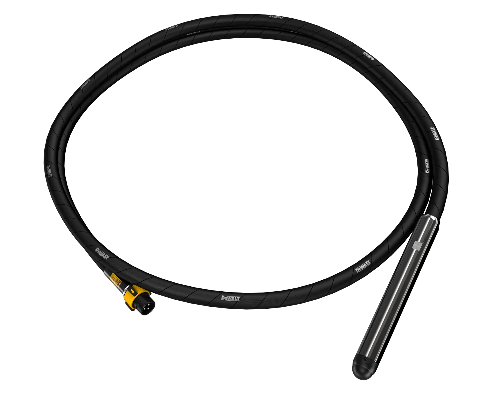 Arbre de vibreur à béton DEWALT avec câble noir et tête métallique, DCPS3505, sur fond blanc.