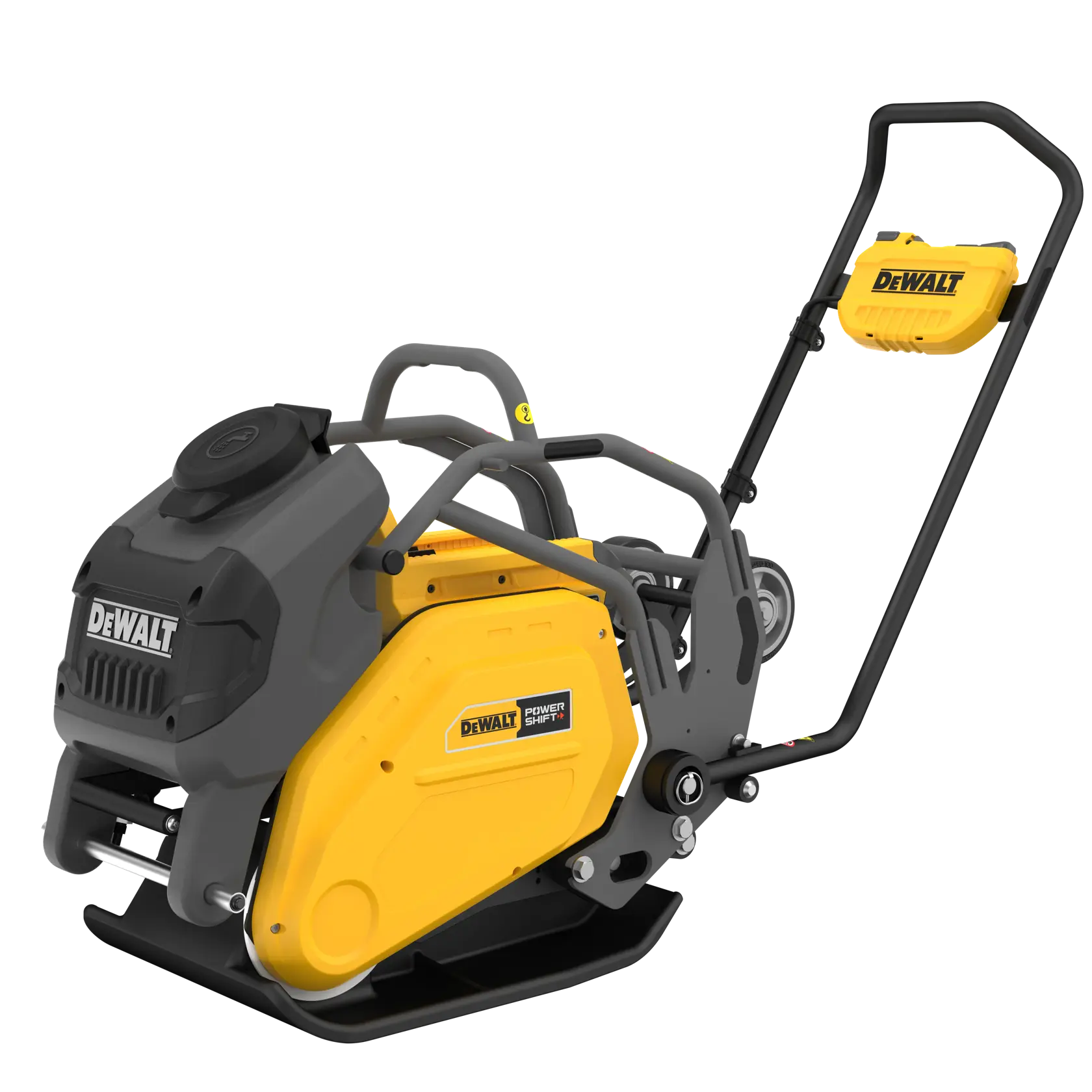 Plaqueuse vibrante DEWALT jaune et noire avec poignée, destinée au compactage du sol sur les chantiers.
