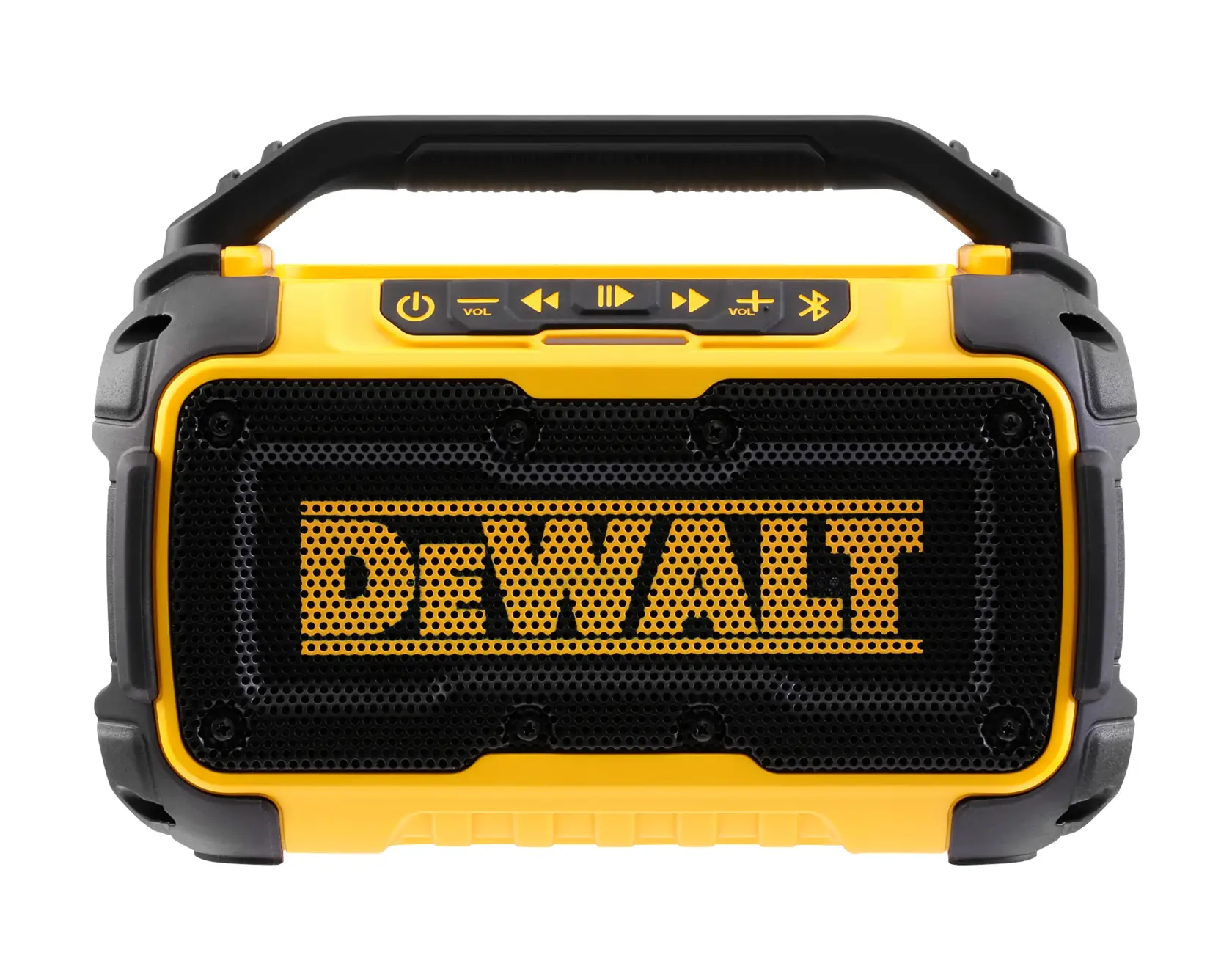 Vue de face d’un haut-parleur Bluetooth DEWALT DCR011 jaune portatif avec boutons de contrôle en haut.