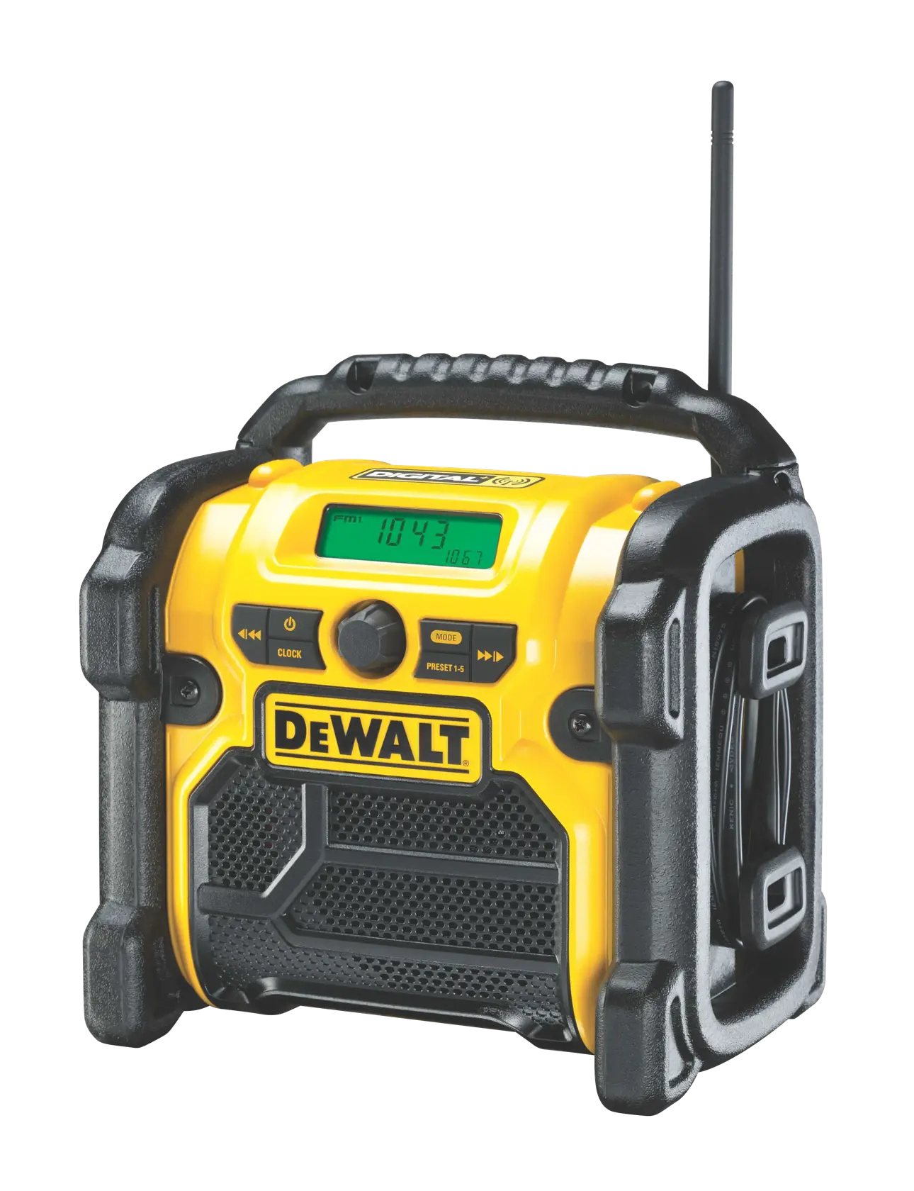 DEWALT tragbares Radio mit gelb-schwarzem Gehäuse, Griff und Display.