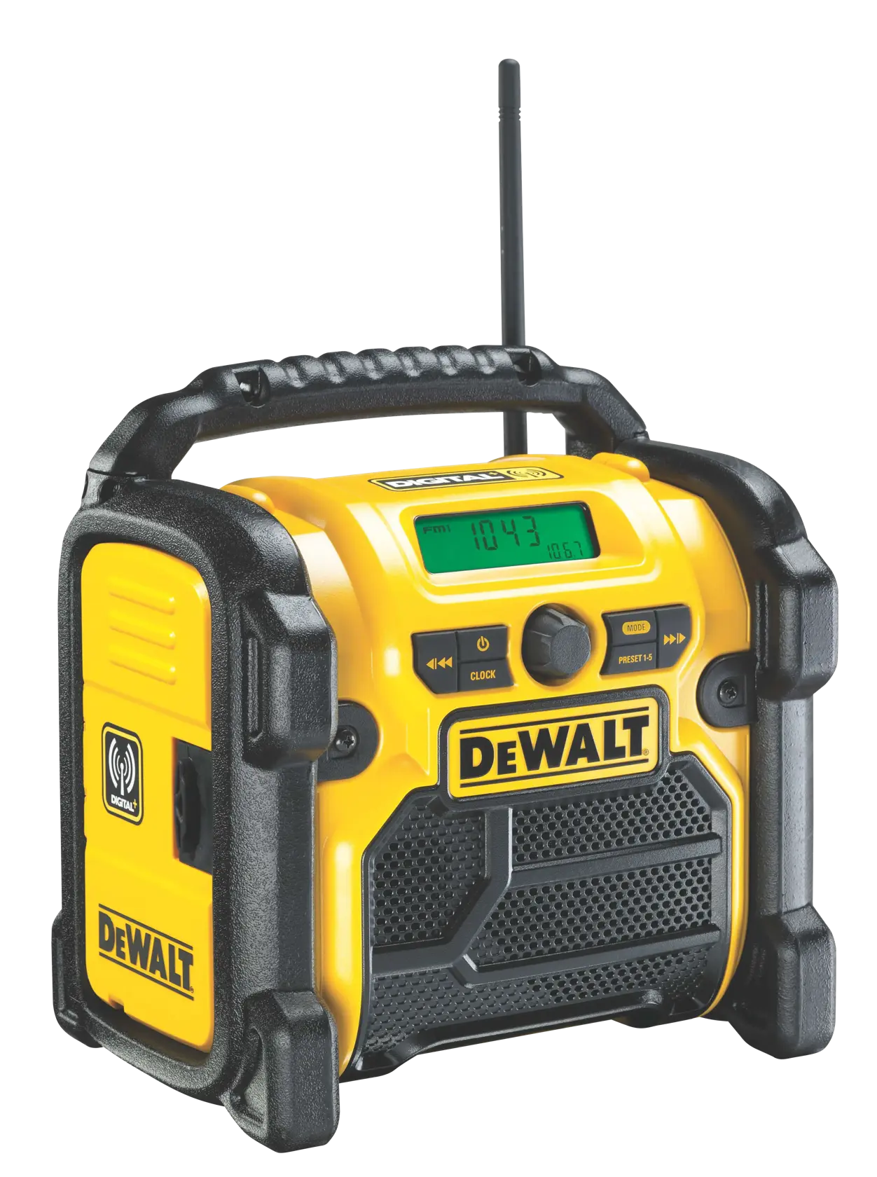 DEWALT tragbares Baustellenradio, gelb-schwarz mit Digitalanzeige, Griff und Antenne.