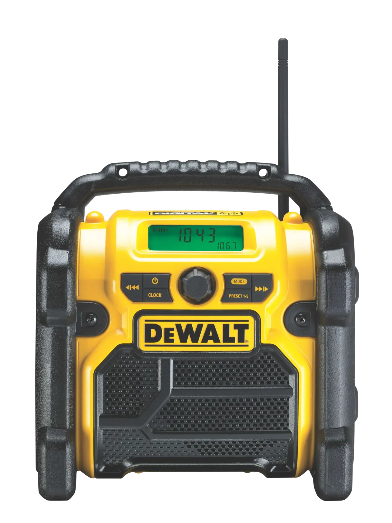 DEWALT tragbares gelbes Radio mit Griff, Digitalanzeige und Bedienknöpfen auf der Vorderseite.