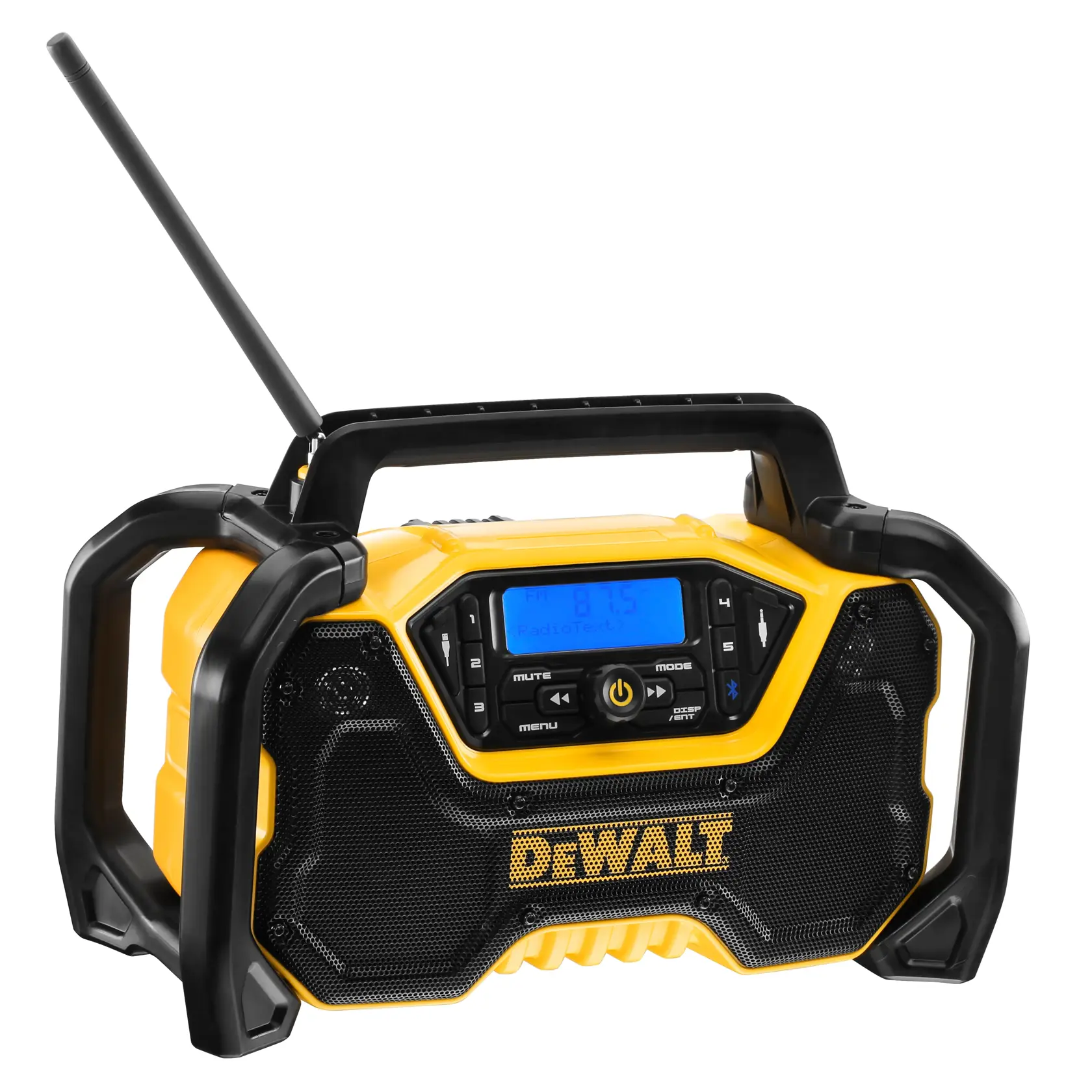 Radio DEWALT, DCR029, DCZ1201P3-XE; conception robuste jaune et noire avec antenne et écran.