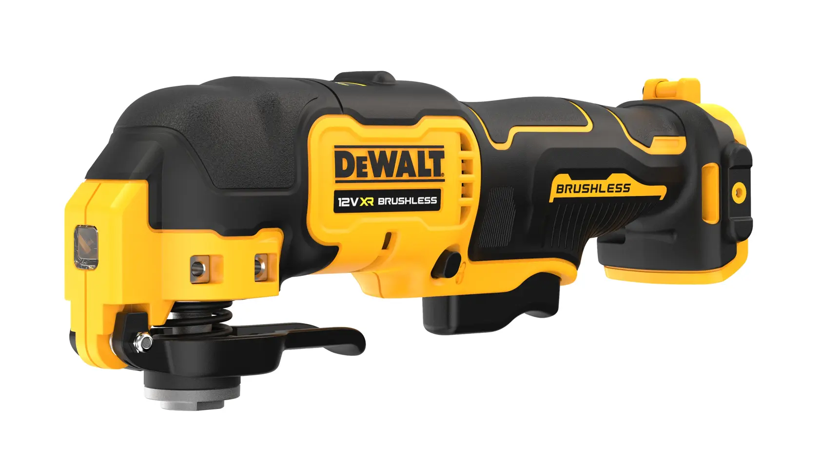 Outil oscillant DEWALT 12V XR brushless jaune et noir, présenté sur fond blanc.