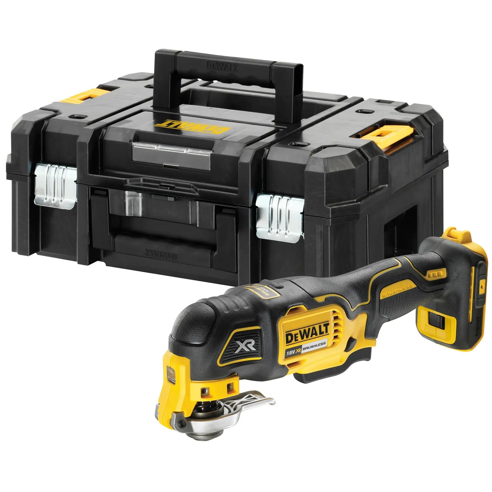 DEWALT DCS356NT outil multi-fonctions sans fil et mallette noire robuste à accents jaunes.